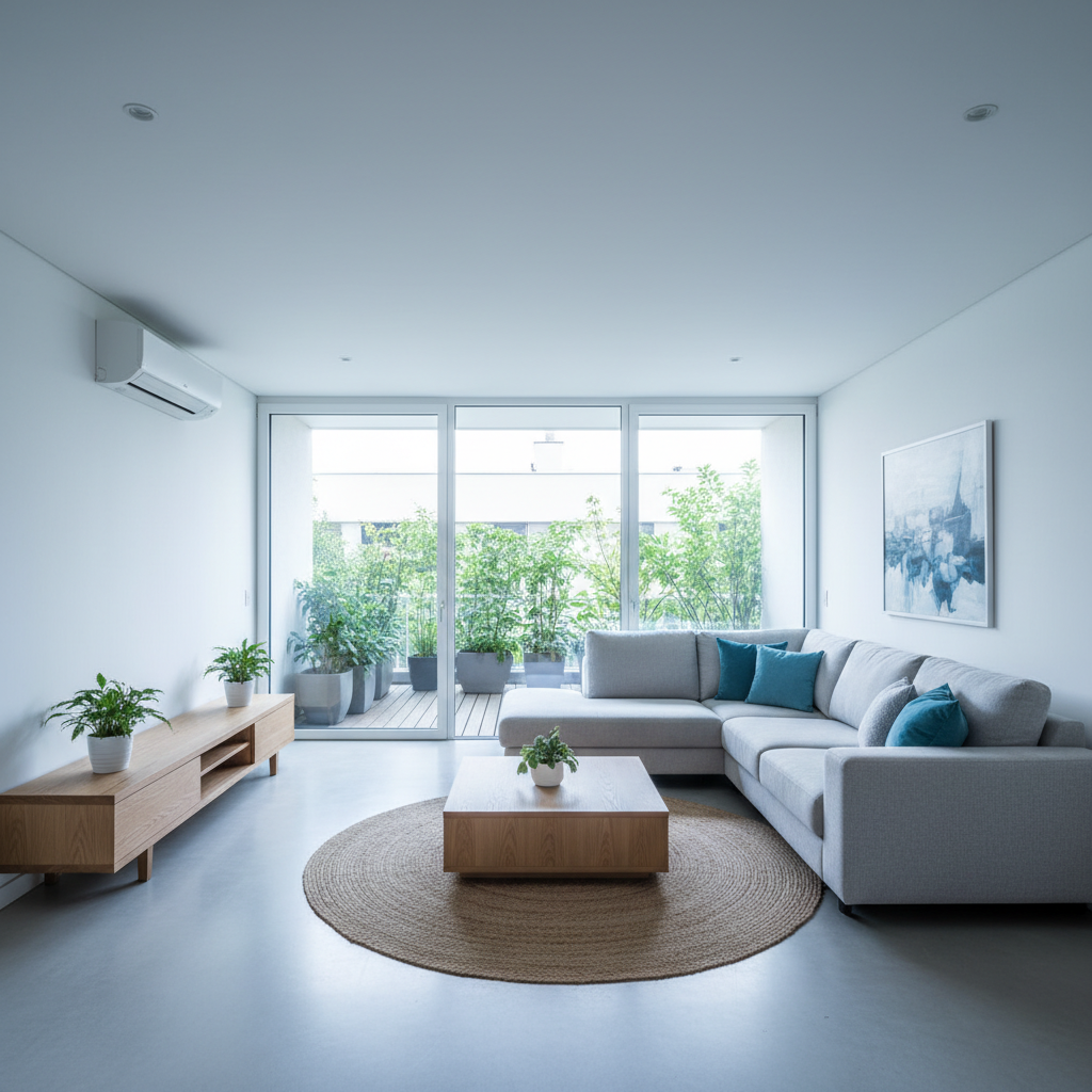 Jasny, przestronny salon urządzony w nowoczesnym, minimalistycznym stylu, z dużymi oknami wychodzącymi na zielony taras. Wnętrze jest skąpane w delikatnym, naturalnym świetle, ale bez ostrych promieni słonecznych, co sugeruje przyjemny chłód. W tle dyskretnie widoczna jest nowoczesna jednostka klimatyzacji na ścianie. Kolorystyka wnętrza oparta na bieli, szarości i naturalnym drewnie, z kilkoma akcentami w kolorze chłodnego błękitu.