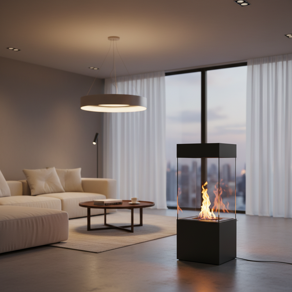 Nowoczesny apartament z eleganckim, wolnostojącym kominkiem na bioetanol. Kominek ma czarną, metalową obudowę i szklane ścianki, przez które widać prawdziwy, spokojny płomień. W tle widać minimalistyczną sofę i stolik kawowy. Atmosfera jest luksusowa, a zarazem przytulna.