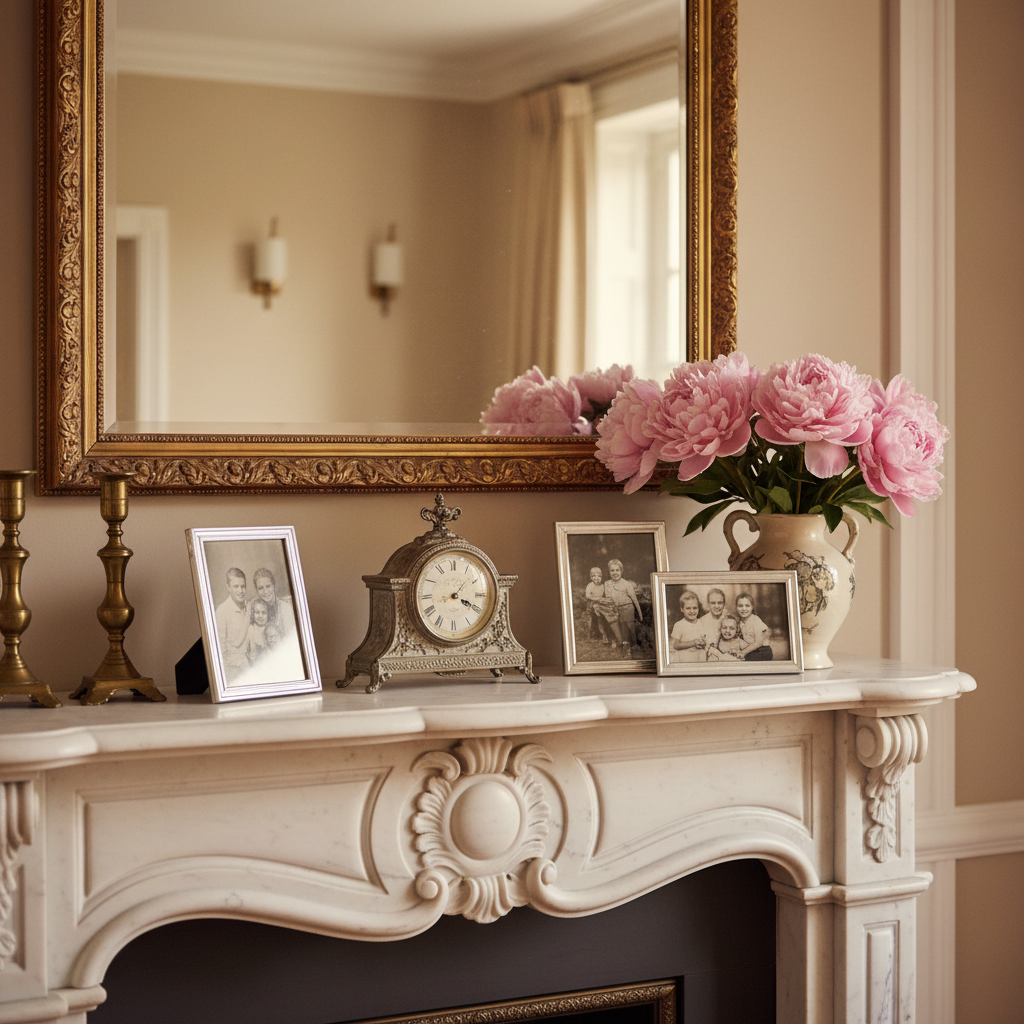Zbliżenie na bogato zdobioną półkę nad kominkiem z białego marmuru. Na półce stoją mosiężne świeczniki, mały zegar w stylu vintage, kilka oprawionych w srebrne ramki czarno-białych zdjęć rodzinnych oraz wazon ze świeżymi, różowymi piwoniami. Nad kominkiem wisi duże lustro w zdobionej, złotej ramie.