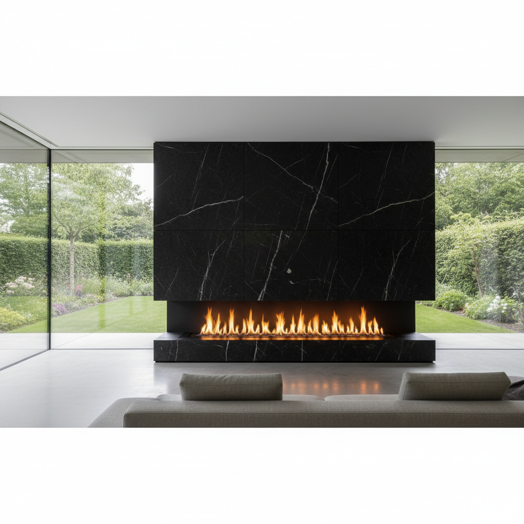 Przestronny, minimalistyczny salon z dużymi przeszkleniami i widokiem na ogród. Centralnym punktem jest nowoczesny, trójstronny kominek gazowy wbudowany w ścianę RTV wykończoną wielkoformatowymi płytami ze spieku kwarcowego imitującego czarny marmur. Ogień tworzy efektowną, dynamiczną dekorację. Przed kominkiem stoi niska, modułowa sofa.