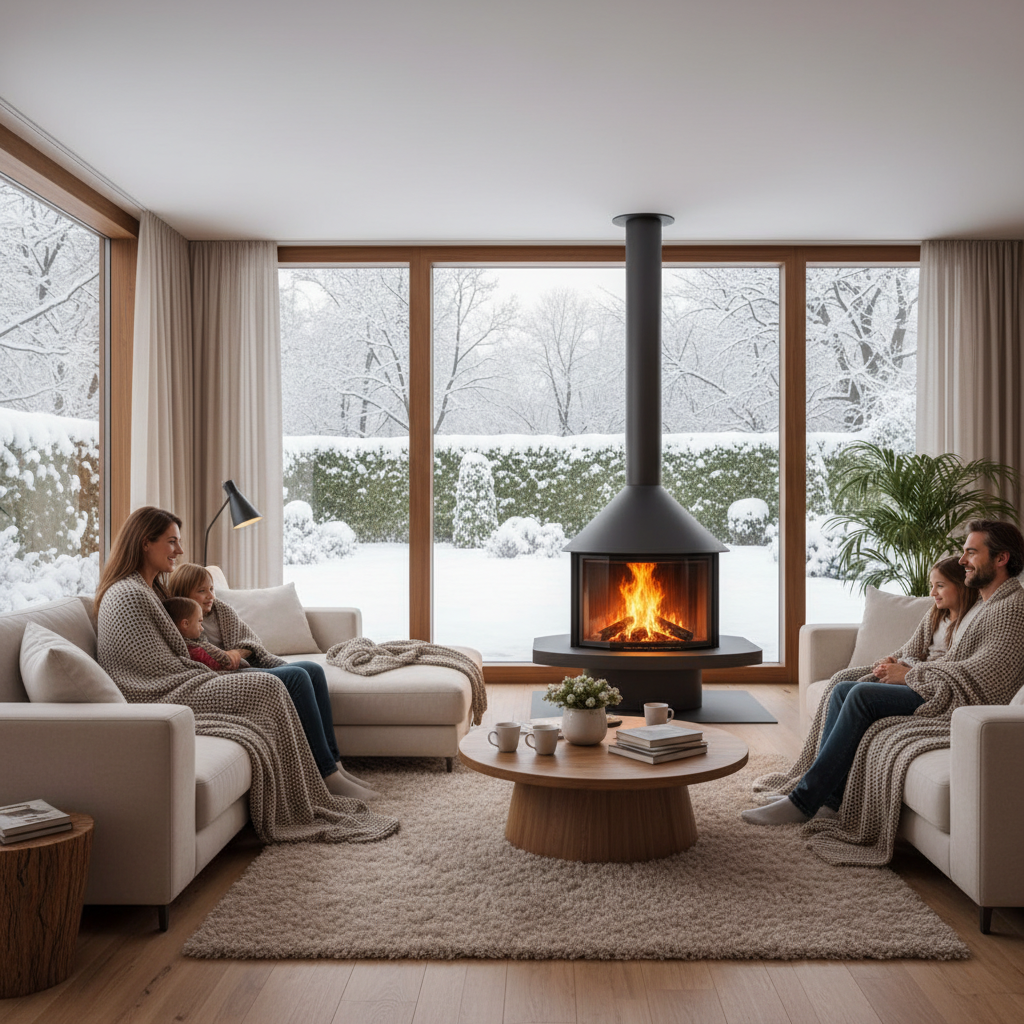 Nowoczesny, jasny salon z dużymi oknami wychodzącymi na zimowy ogród. W centralnym punkcie znajduje się elegancki kominek z płonącym ogniem. Na wygodnej kanapie siedzi rodzina, ciesząc się ciepłem i przytulną atmosferą. Zdjęcie w ciepłych, naturalnych barwach, podkreślające komfort i domowe ognisko.
