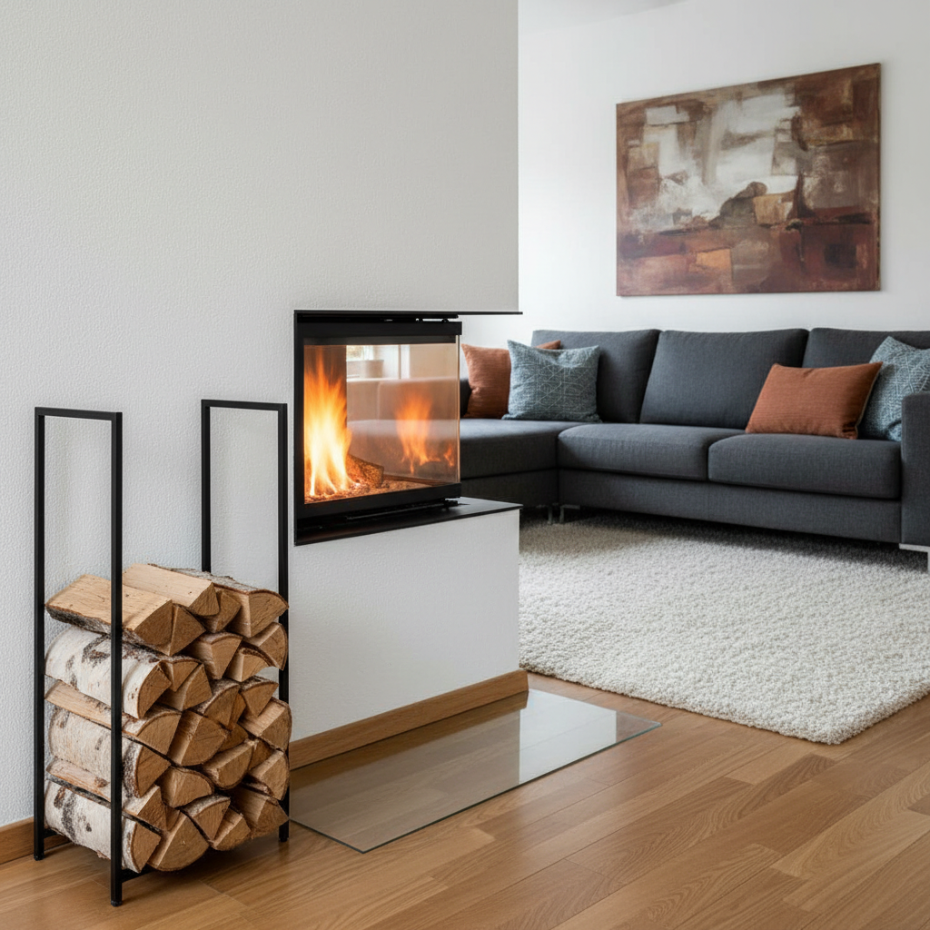 Przytulny salon z nowoczesnym kominkiem wbudowanym w ścianę. Obok kominka stoi stylowy, czarny metalowy kosz wypełniony równymi szczapami drewna brzozowego. Na podłodze leży miękki dywan, a w tle widać wygodną kanapę. Płomienie w kominku delikatnie się palą, tworząc ciepłą, domową atmosferę.