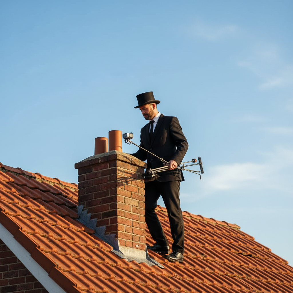 Profesjonalny kominiarz w stroju roboczym i z odpowiednim sprzętem stoi na dachu domu z czerwonej dachówki. W tle błękitne niebo. Kominiarz z uwagą dokonuje inspekcji komina, co symbolizuje fachowość, dbałość o szczegóły i zapewnienie bezpieczeństwa mieszkańcom.