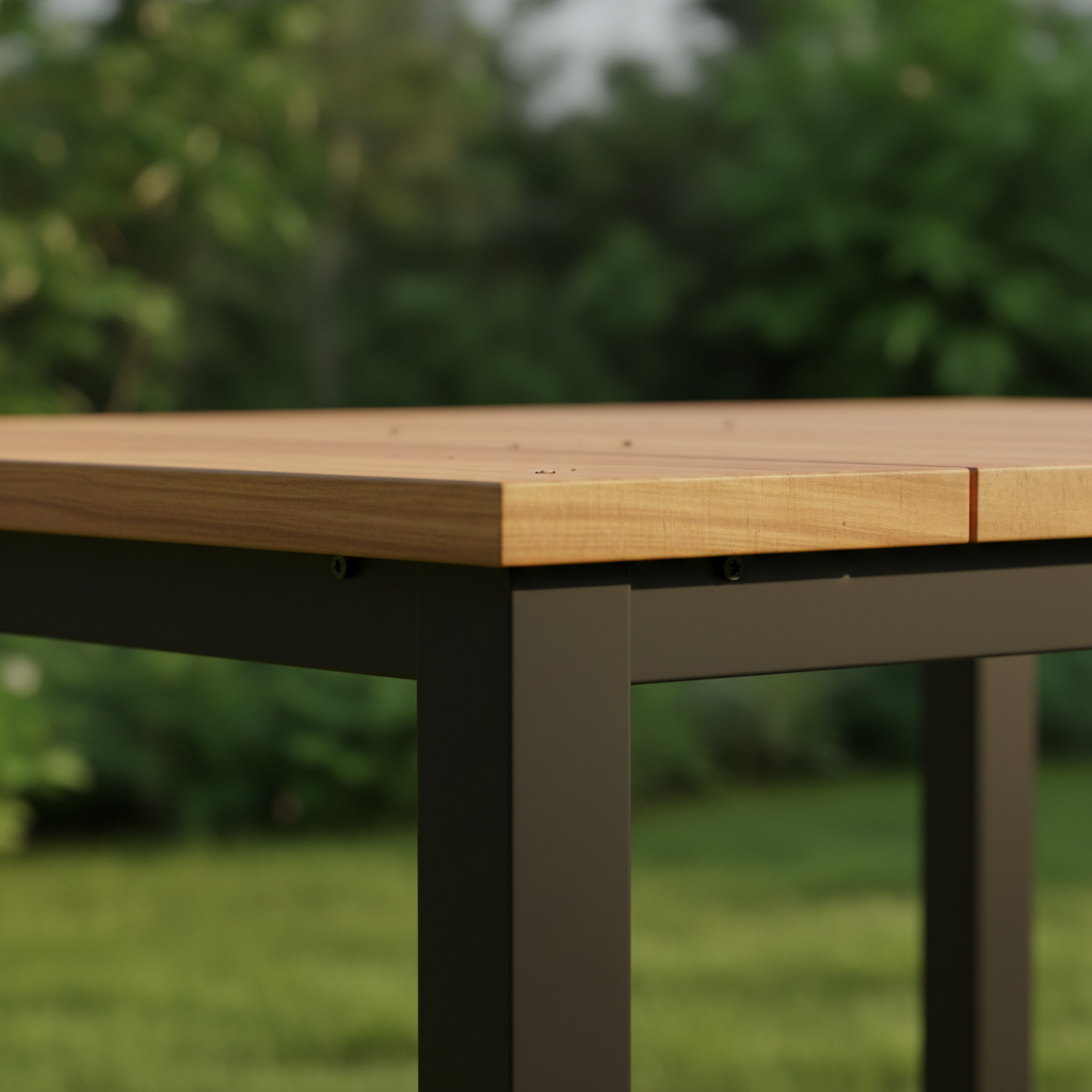 Zbliżenie na róg nowoczesnego stołu ogrodowego, gdzie gładka, olejowana deska z drewna akacjowego łączy się z matową, czarną aluminiową nogą. W tle rozmyta zieleń ogrodu. Światło jest ciepłe, popołudniowe.