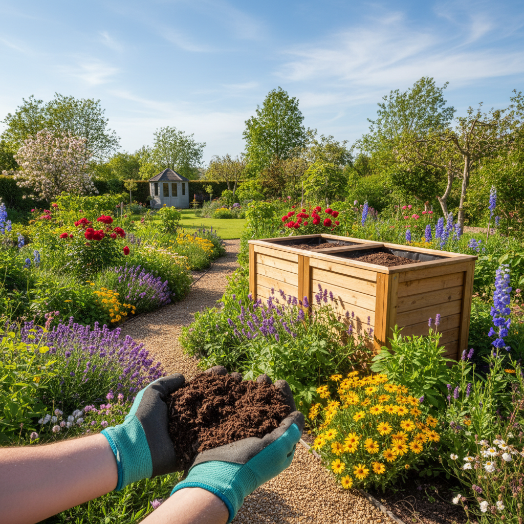 Szerokie ujęcie pięknego, zadbanego ogrodu w słoneczny dzień. Na pierwszym planie widać dłonie ogrodnika w rękawiczkach, trzymające garść ciemnego, żyznego kompostu. W tle, nieco z boku, estetyczny, drewniany kompostownik otoczony bujną zielenią i kolorowymi kwiatami.