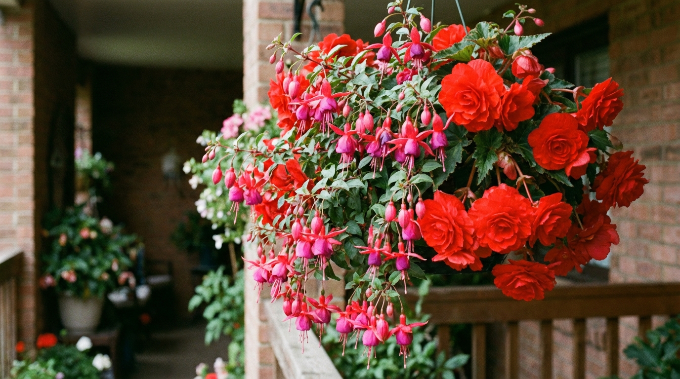 Zbliżenie na wiszącą donicę, w której pięknie komponują się zwisające, intensywnie różowe kwiaty fuksji z pełnymi, czerwonymi kwiatami begonii bulwiastej. Tło jest lekko rozmyte, sugerując zacieniony balkon.