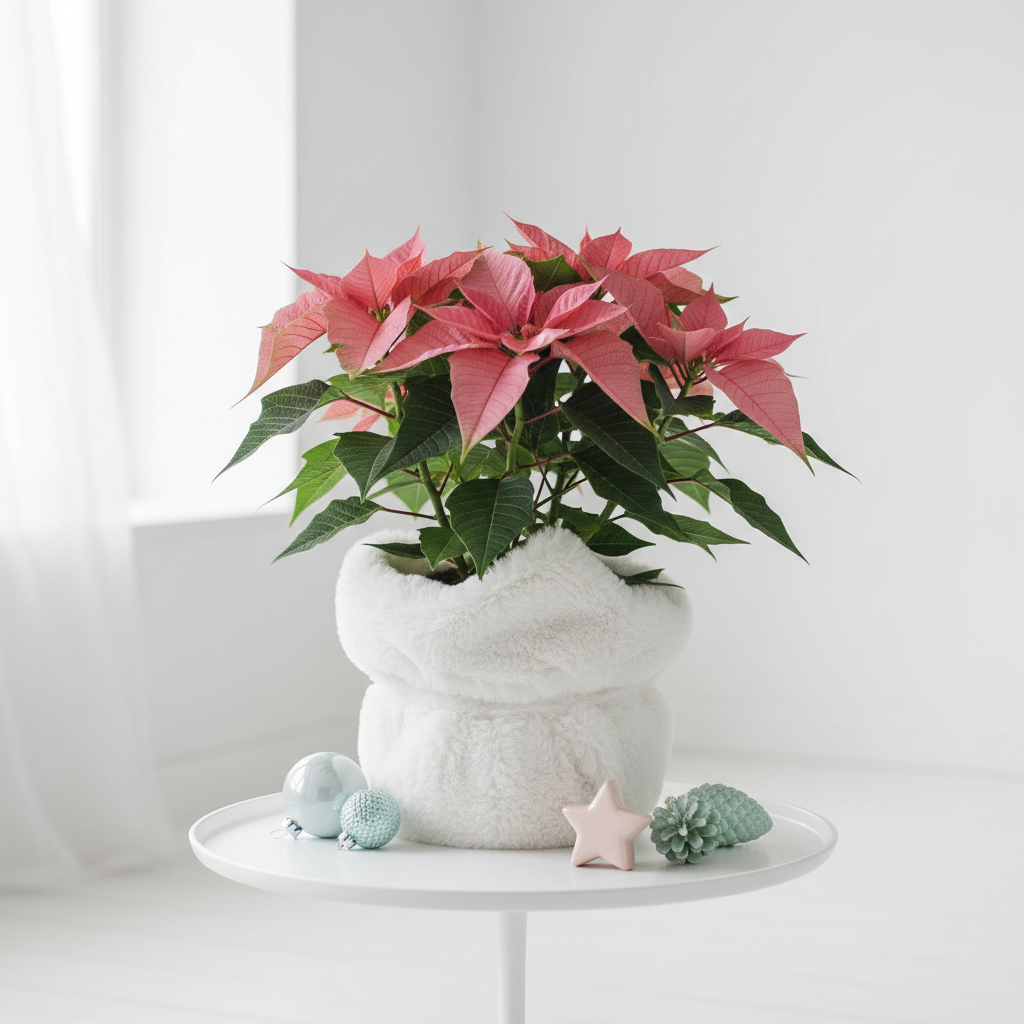 Nowoczesna kompozycja z różową Poinsecją w doniczce owiniętej miękkim, białym, puszystym materiałem, przypominającym futerko. Aranżacja stoi na minimalistycznym, białym stoliku obok kilku pastelowych ozdób świątecznych.