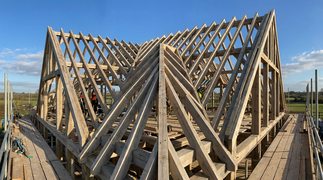 Szeroki kadr pokazujący drewnianą więźbę dachową w trakcie budowy domu. Widać skomplikowaną siatkę krokwi, belek i słupów na tle błękitnego nieba. Zdjęcie podkreśla złożoność i precyzję prac ciesielskich.
