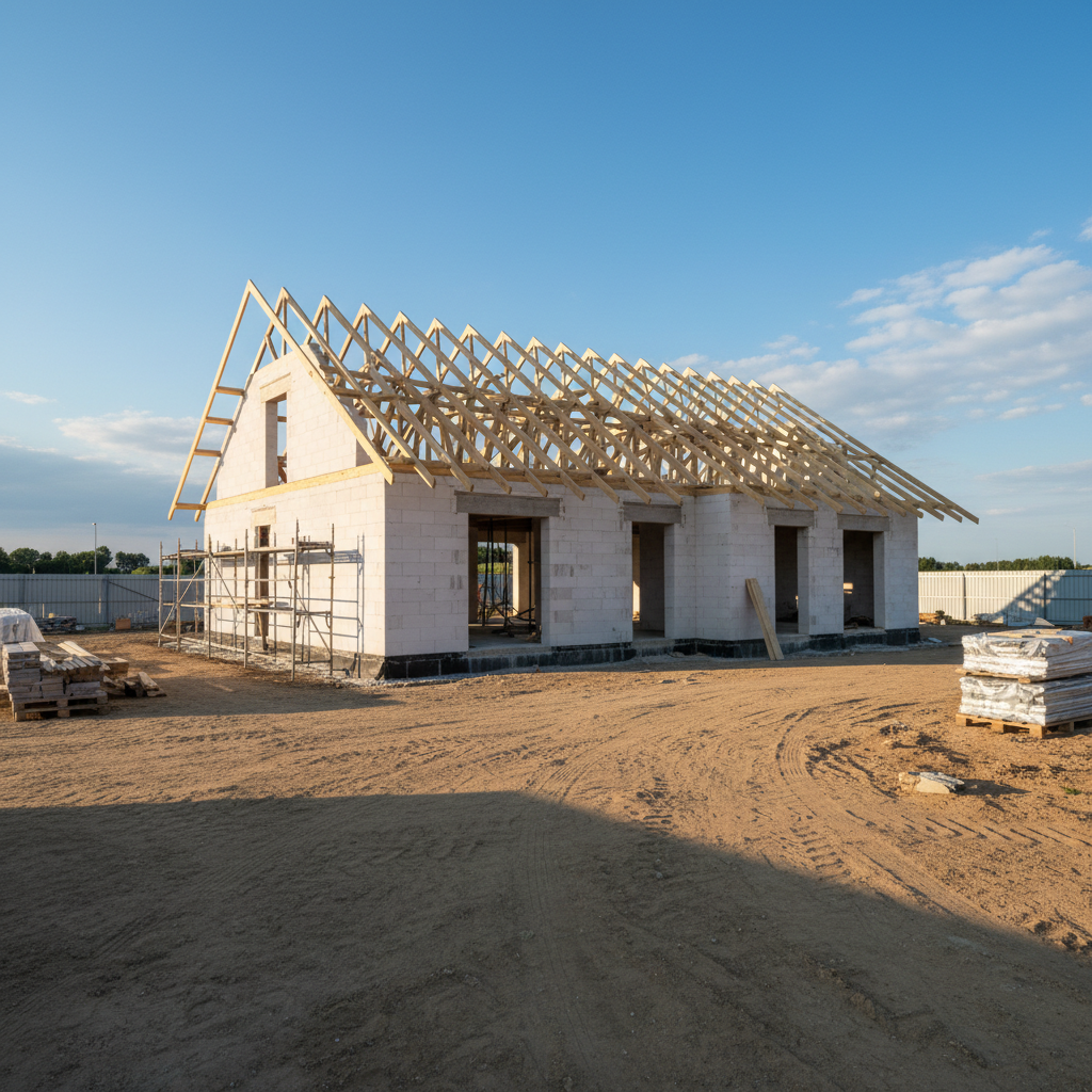Ujęcie budowy nowoczesnego domu jednorodzinnego na etapie stanu surowego. Widoczna drewniana więźba dachowa i ściany z betonu komórkowego. W tle błękitne niebo z kilkoma chmurami, słońce rzuca długie cienie. Czysty, estetyczny plac budowy.