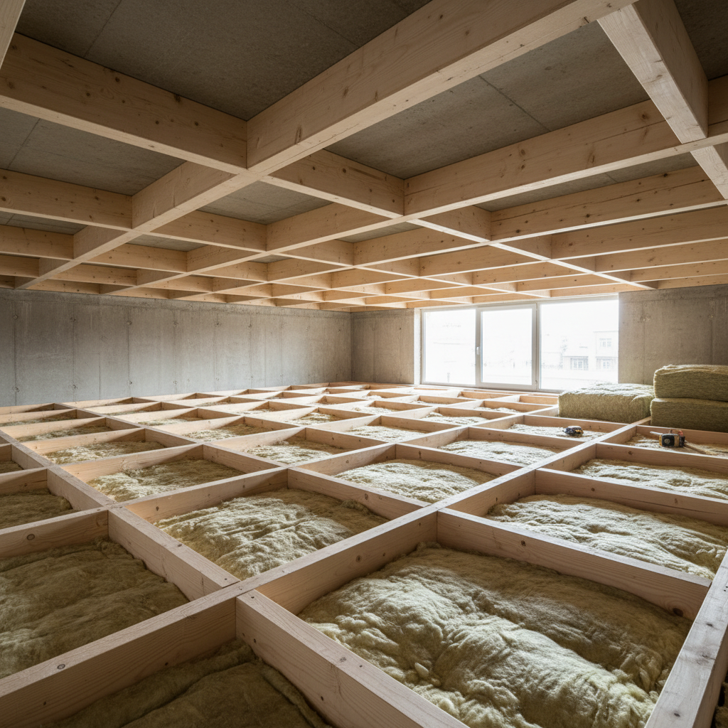 Czyste, estetyczne ujęcie precyzyjnie ułożonej i wypoziomowanej konstrukcji z drewnianych legarów na betonowym stropie. Legary tworzą geometryczny, rytmiczny wzór. Między nimi widać ułożoną warstwę wełny mineralnej jako izolacji akustycznej. Światło modeluje kształty drewna, podkreślając jakość i staranność wykonania.