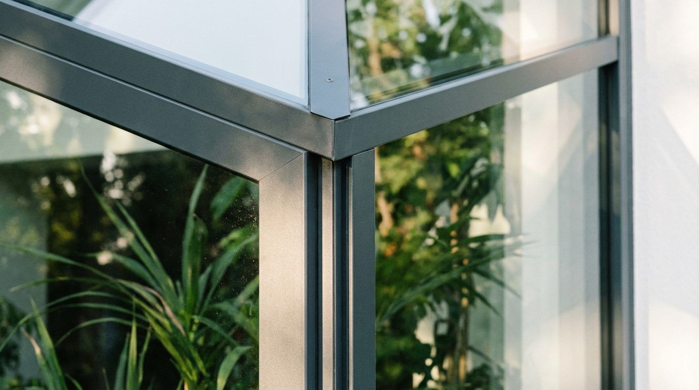 Zbliżenie na narożnik konstrukcji nowoczesnego ogrodu zimowego. Widoczne jest połączenie eleganckiego, antracytowego profilu aluminiowego z dużą, potrójną szybą zespoloną. Na szybie widać odbicie zielonych roślin. Kadr jest czysty, minimalistyczny, skupia się na jakości materiałów i precyzji wykonania. Delikatne światło słoneczne pada na konstrukcję, podkreślając jej fakturę.