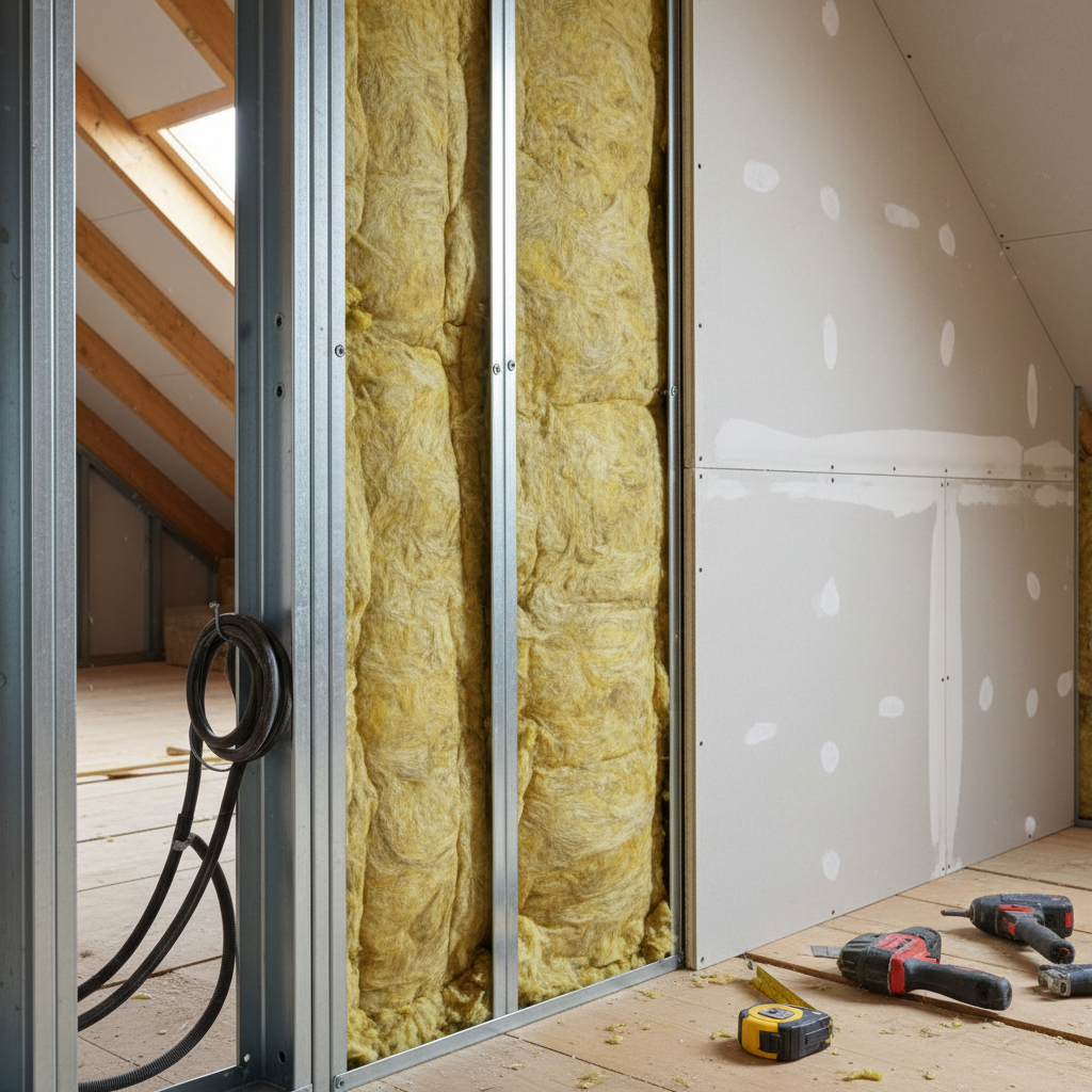 Zbliżenie na przekrój ściany działowej na poddaszu. Z jednej strony widoczne srebrne profile stalowe wypełnione gęstą, żółtą wełną mineralną, a z drugiej częściowo zamontowana płyta gipsowo-kartonowa. Scena jest dobrze oświetlona, ukazując detale konstrukcyjne i warstwy izolacji.