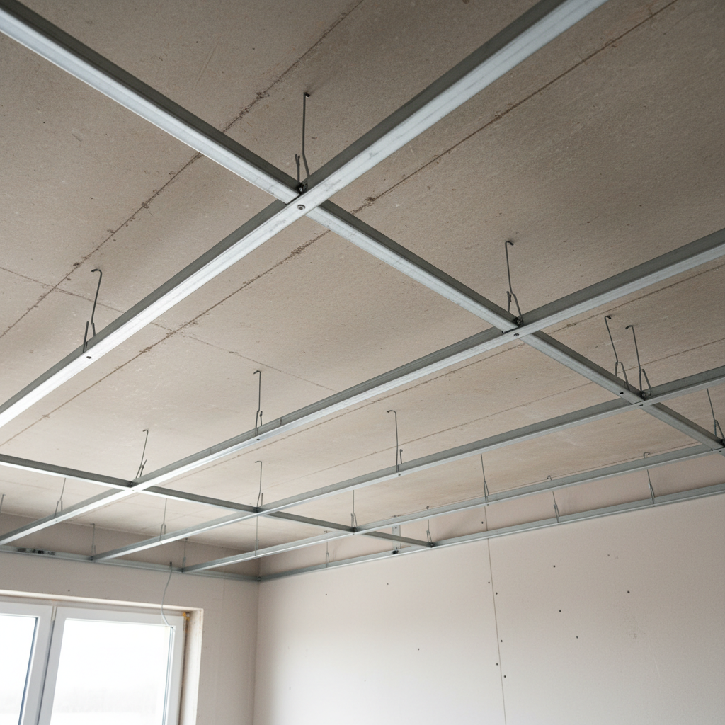 Ujęcie z perspektywy żabiej na powstającą konstrukcję sufitu podwieszanego. Widoczne są zamocowane do stropu wieszaki oraz wpinane w nie srebrne, metalowe profile CD. W tle widać ścianę z zamontowanym profilem UD. Światło z okna subtelnie odbija się od metalowych elementów, podkreślając precyzję montażu.