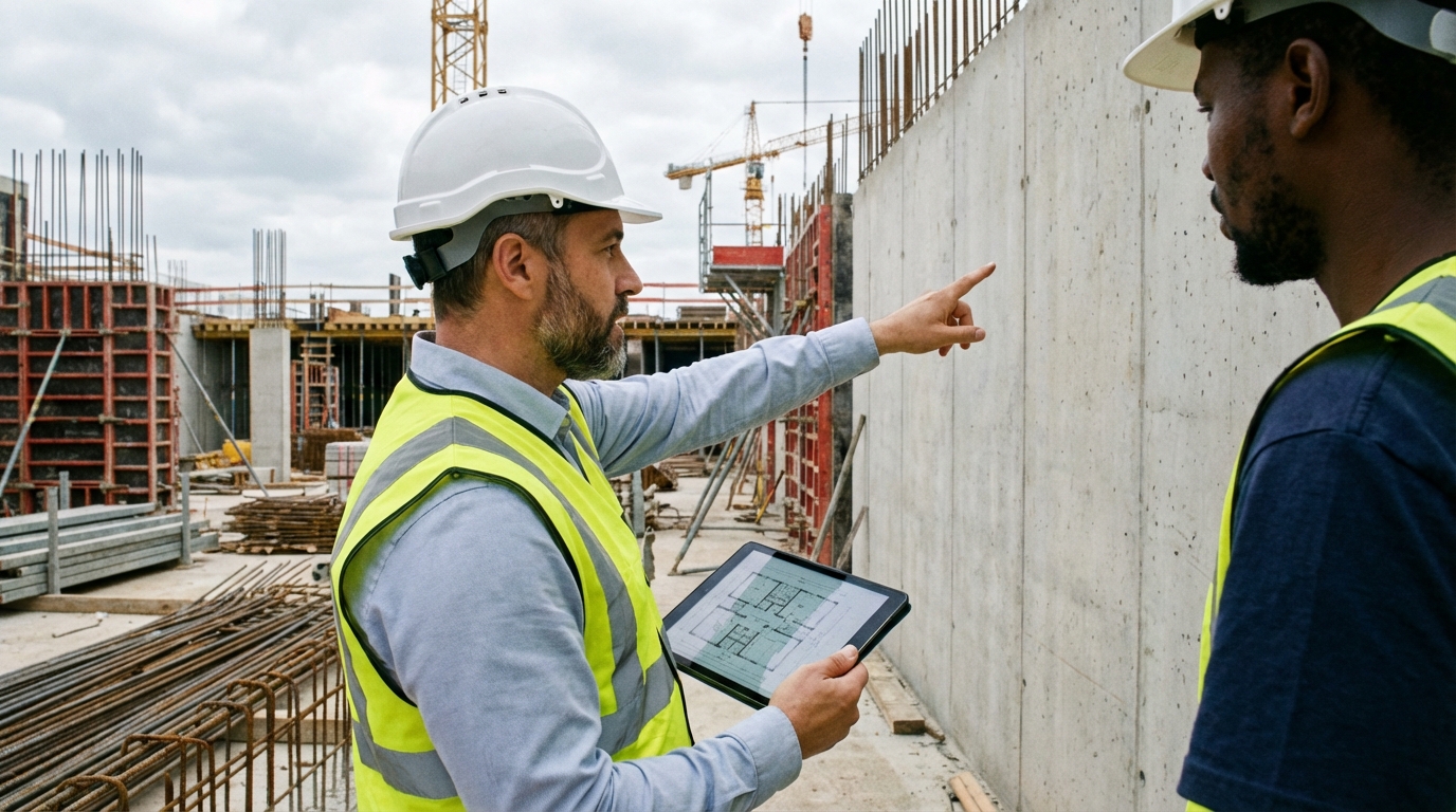 Profesjonalny inżynier budownictwa w kasku ochronnym i kamizelce, stojący na placu budowy. W jednej ręce trzyma tablet z rzutem architektonicznym, a drugą wskazuje na betonową ścianę, omawiając szczegóły techniczne z pracownikiem. W tle widać zbrojenia i inne elementy konstrukcyjne.