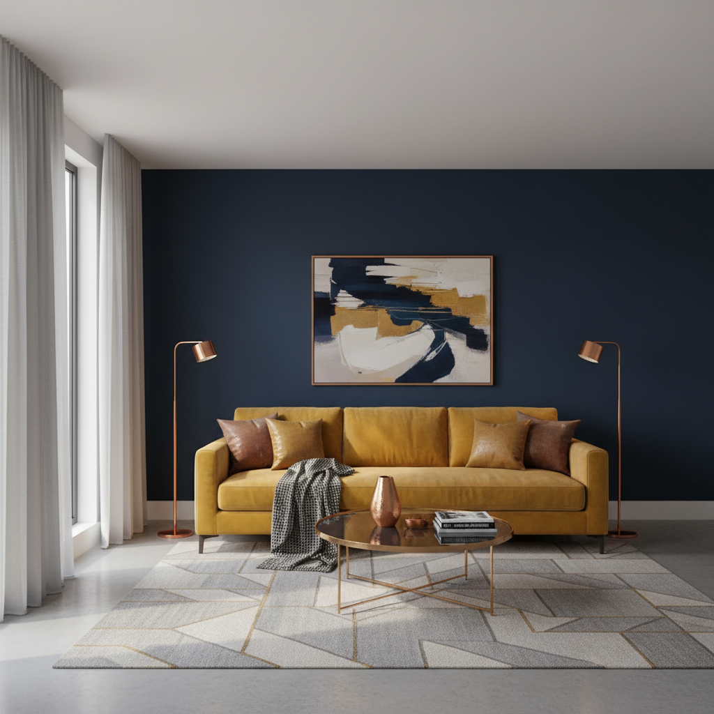 Nowoczesny salon z odważnym, ale harmonijnym połączeniem kolorów dopełniających. Główna ściana jest pomalowana na głęboki, atramentowy granat. Na jej tle stoi welurowa sofa w intensywnym, musztardowym kolorze. Całość uzupełniają miedziane i złote dodatki oraz neutralne, szare tło pozostałych ścian. Wnętrze jest dynamiczne, pełne energii, a jednocześnie wyrafinowane i stylowe.