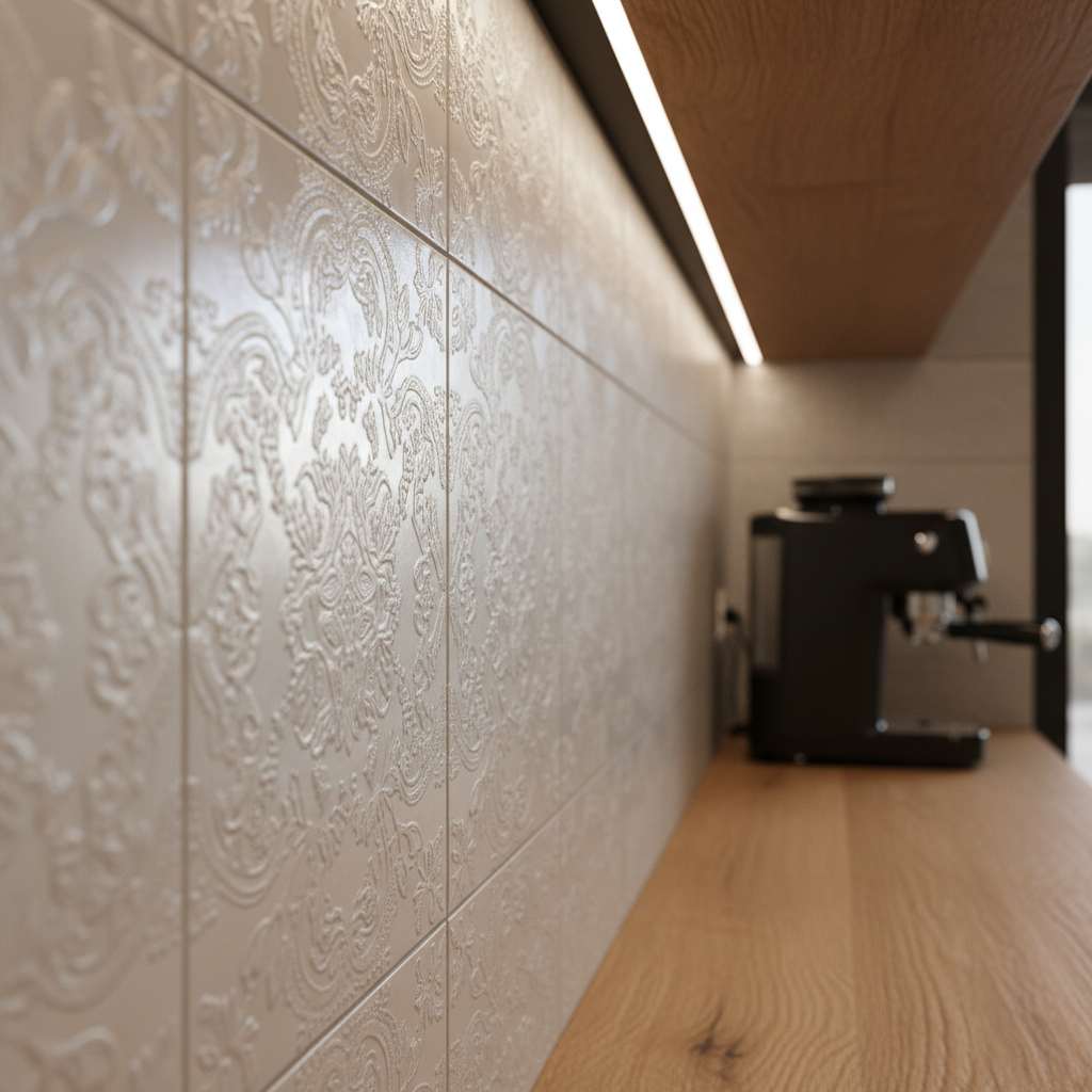 Zbliżenie na ścianę w kuchni wyłożoną perłowymi płytkami ceramicznymi z fakturą koronki. Światło padające z góry subtelnie mieni się na powierzchni, ukazując delikatny, trójwymiarowy wzór. W tle widać fragment dębowego blatu i nowoczesny, czarny ekspres do kawy. Ciepłe, ambientowe oświetlenie, mała głębia ostrości.
