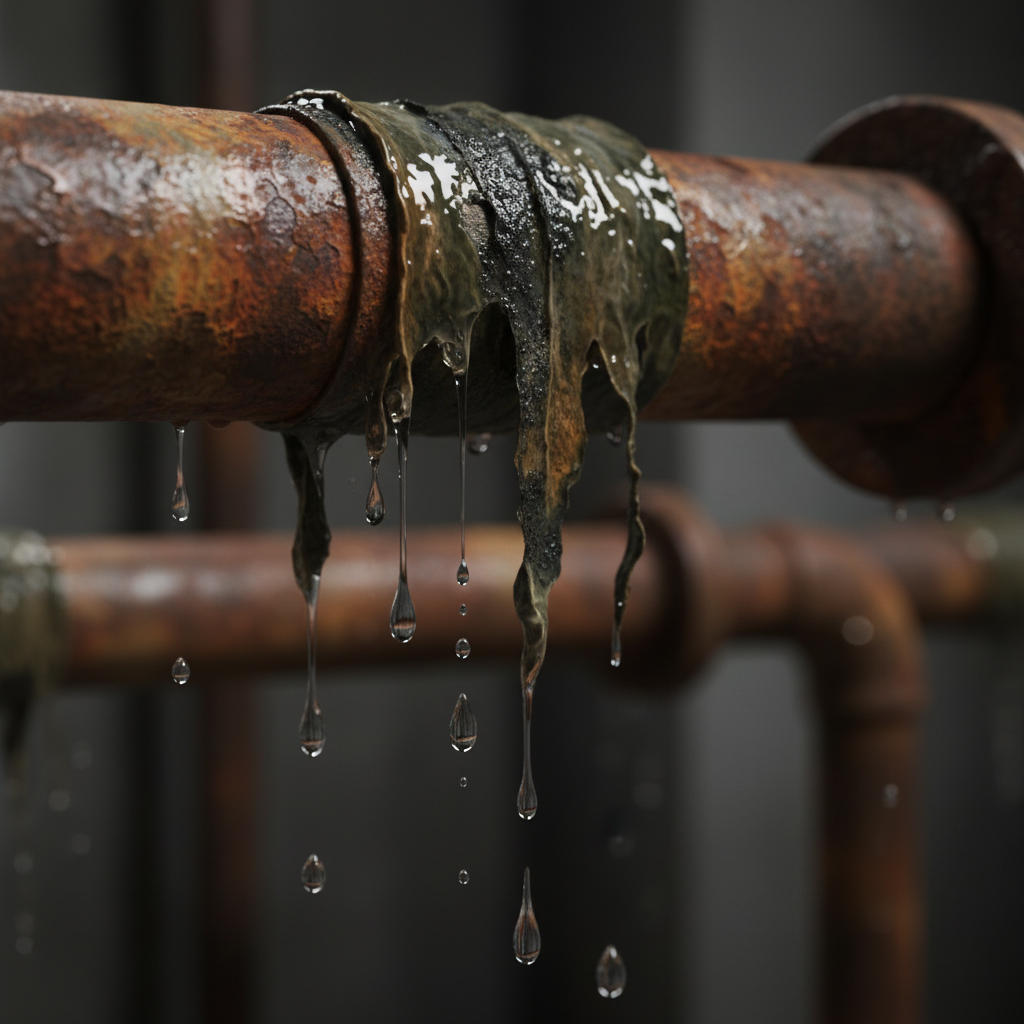 Realistyczne, makro ujęcie zardzewiałej stalowej rury, z której odchodzi zniszczona, nasiąknięta wodą izolacja. Widoczne są krople wody i ciemne plamy pleśni. Obraz ma wywoływać poczucie zaniedbania i ostrzegać przed konsekwencjami złego wyboru materiału.