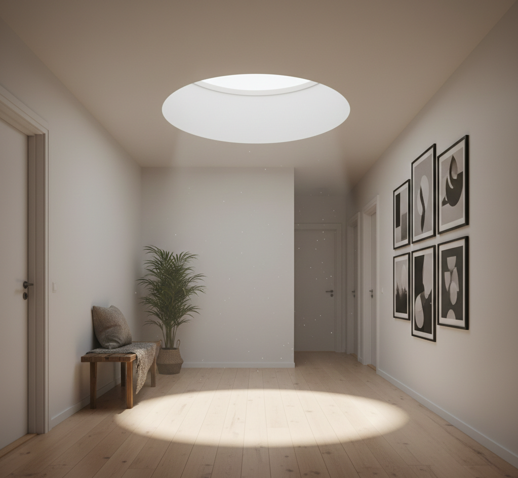 Jasny, nowoczesny korytarz w domu w stylu skandynawskim, zalany miękkim, naturalnym światłem pochodzącym z okrągłego świetlika na suficie. Światło oświetla podłogę z jasnego drewna i białe ściany. Ogólne wrażenie jest ciepłe, przestronne i spokojne.