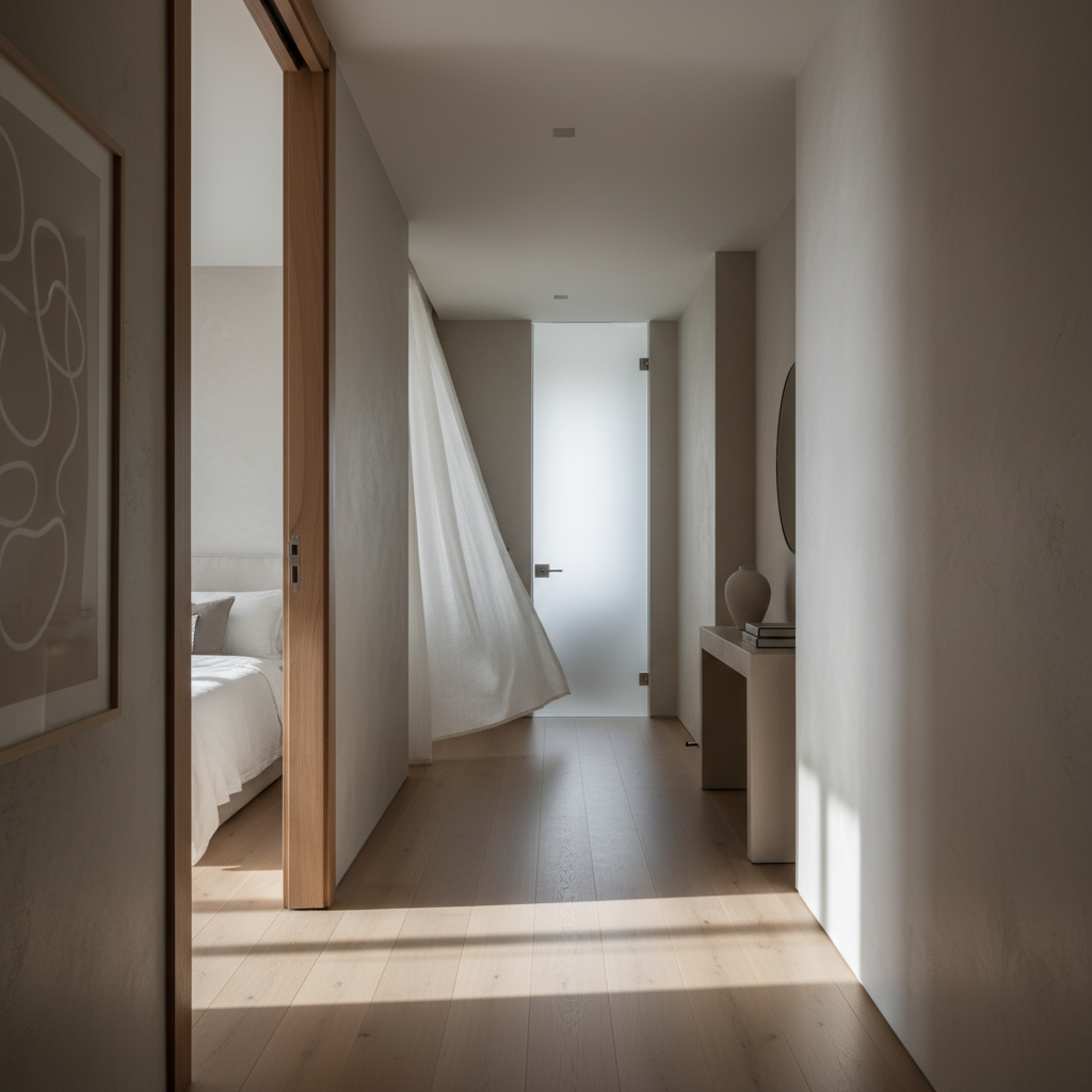 Elegancki korytarz w domu, z otwartymi drzwiami do sypialni i widokiem na drzwi do łazienki w oddali. Światło wpada z jednego z pokoi, tworząc grę cieni i sugerując przepływ powietrza między pomieszczeniami. Wnętrze jest spójne, w jasnych, neutralnych kolorach.
