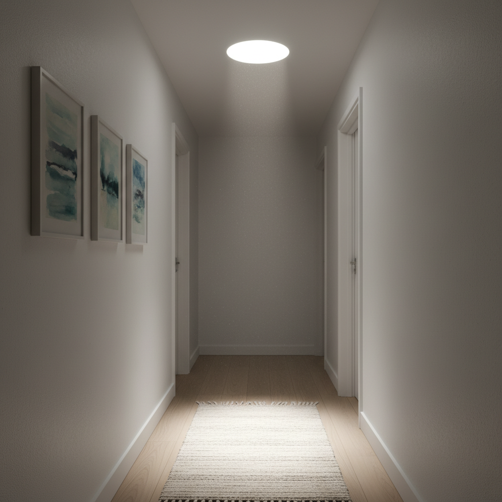 Wąski, wcześniej ciemny korytarz w domu, teraz ożywiony dzięki jasnemu, okrągłemu strumieniowi światła padającemu z sufitu. Światło pochodzi z dyskretnego dyfuzora świetlika tunelowego. Na białej ścianie widać delikatne obrazy, a na podłodze leży prosty dywanik. Efekt jest subtelny, ale radykalnie zmienia atmosferę wnętrza.