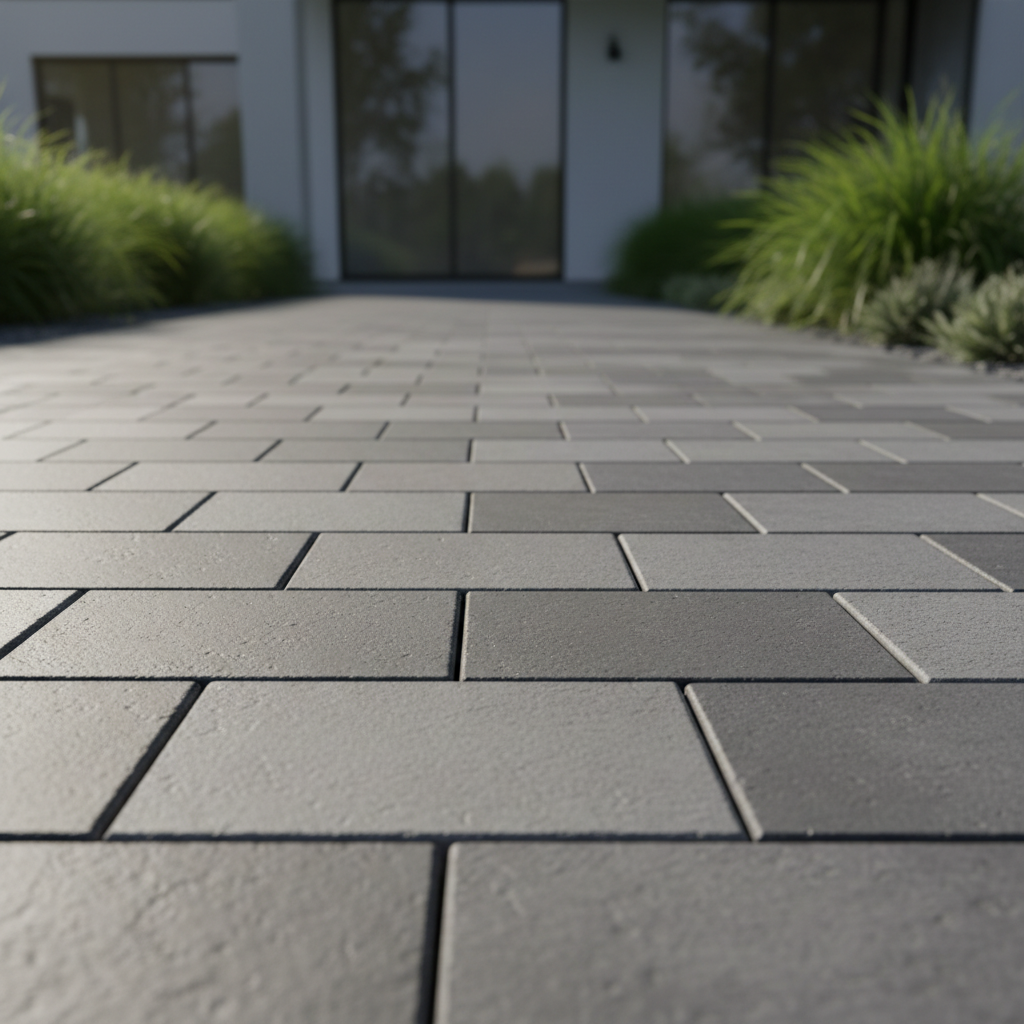 Zbliżenie na nawierzchnię ścieżki wykonaną z dużych, gładkich płyt z kostki brukowej w odcieniach szarości. Światło słoneczne delikatnie oświetla fakturę materiału, a w tle widać fragment nowoczesnej elewacji domu i zielone rośliny. Ujęcie podkreśla jakość i estetykę materiału.