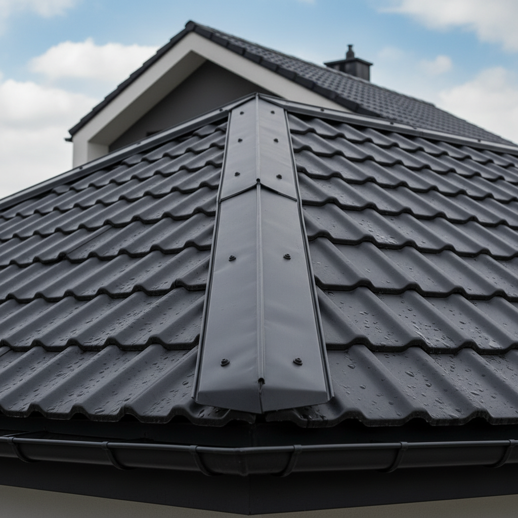 Eleganckie i precyzyjne wykończenie kosza dachowego z blachodachówki modułowej w kolorze antracytowym. Widoczne jest połączenie dwóch połaci dachu i estetycznie zamontowana obróbka blacharska, tworząca czystą i szczelną linię.