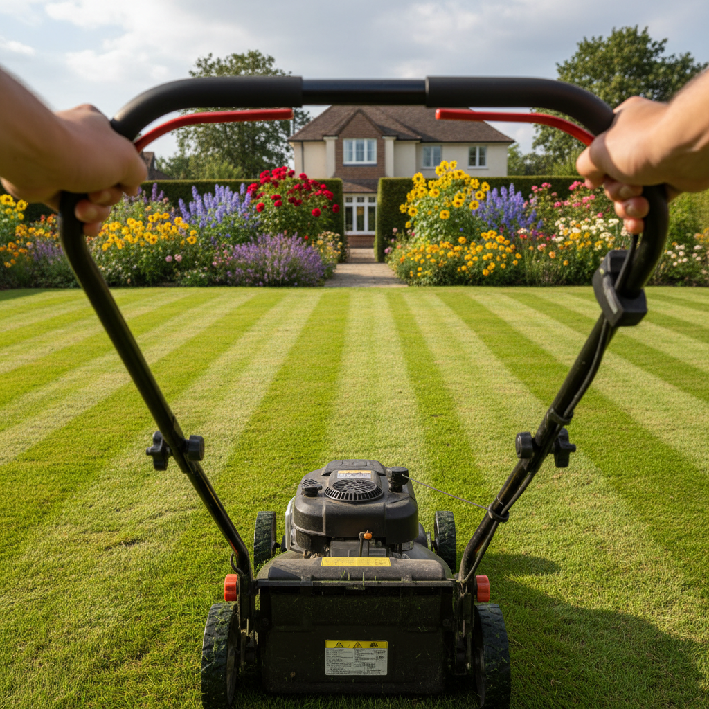 Widok z perspektywy osoby pchającej nowoczesną kosiarkę spalinową po idealnie przystrzyżonym trawniku. Widoczne są równe pasy świeżo skoszonej i nieskoszonej trawy, a w tle widać fragment zadbanego ogrodu z kolorowymi kwiatami.