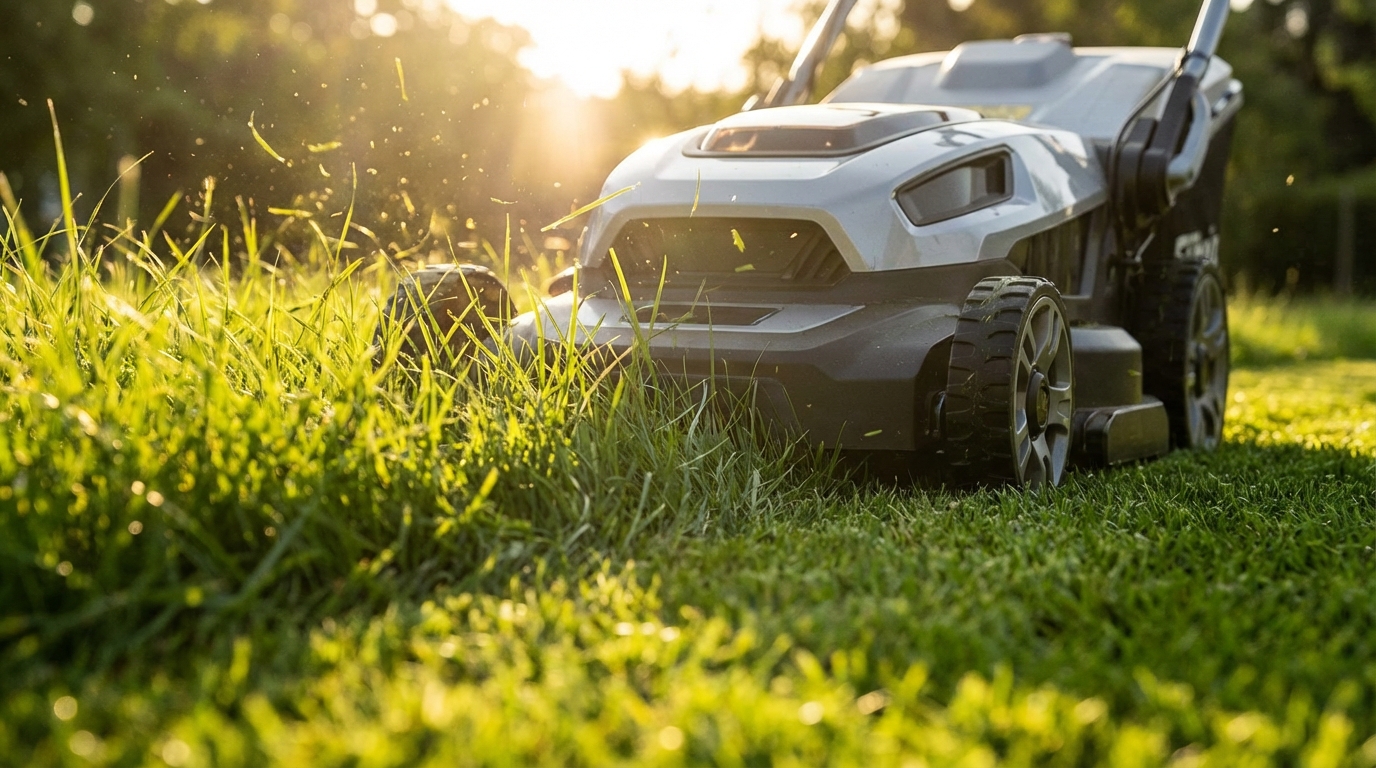 Ujęcie z perspektywy trawy na nowoczesną kosiarkę, która precyzyjnie ścina zielone źdźbła. Słońce prześwieca przez trawę, tworząc estetyczny, dynamiczny obraz. Widać wyraźną linię między skoszoną a nieskoszoną częścią trawnika.