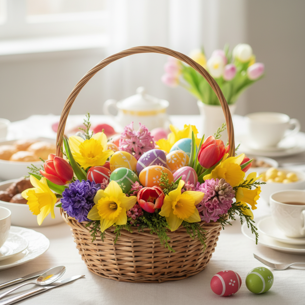 Pięknie skomponowany, gotowy koszyczek wielkanocny pełen żywych, wiosennych kwiatów (żonkili, tulipanów, hiacyntów) i kolorowych pisanek. Stoi on na centralnym miejscu świątecznie udekorowanego stołu, z widocznym w tle fragmentem wielkanocnego śniadania. Kadr jest jasny, pełen naturalnego światła, w stylu lifestyle, który inspiruje i zachęca do stworzenia podobnej dekoracji.