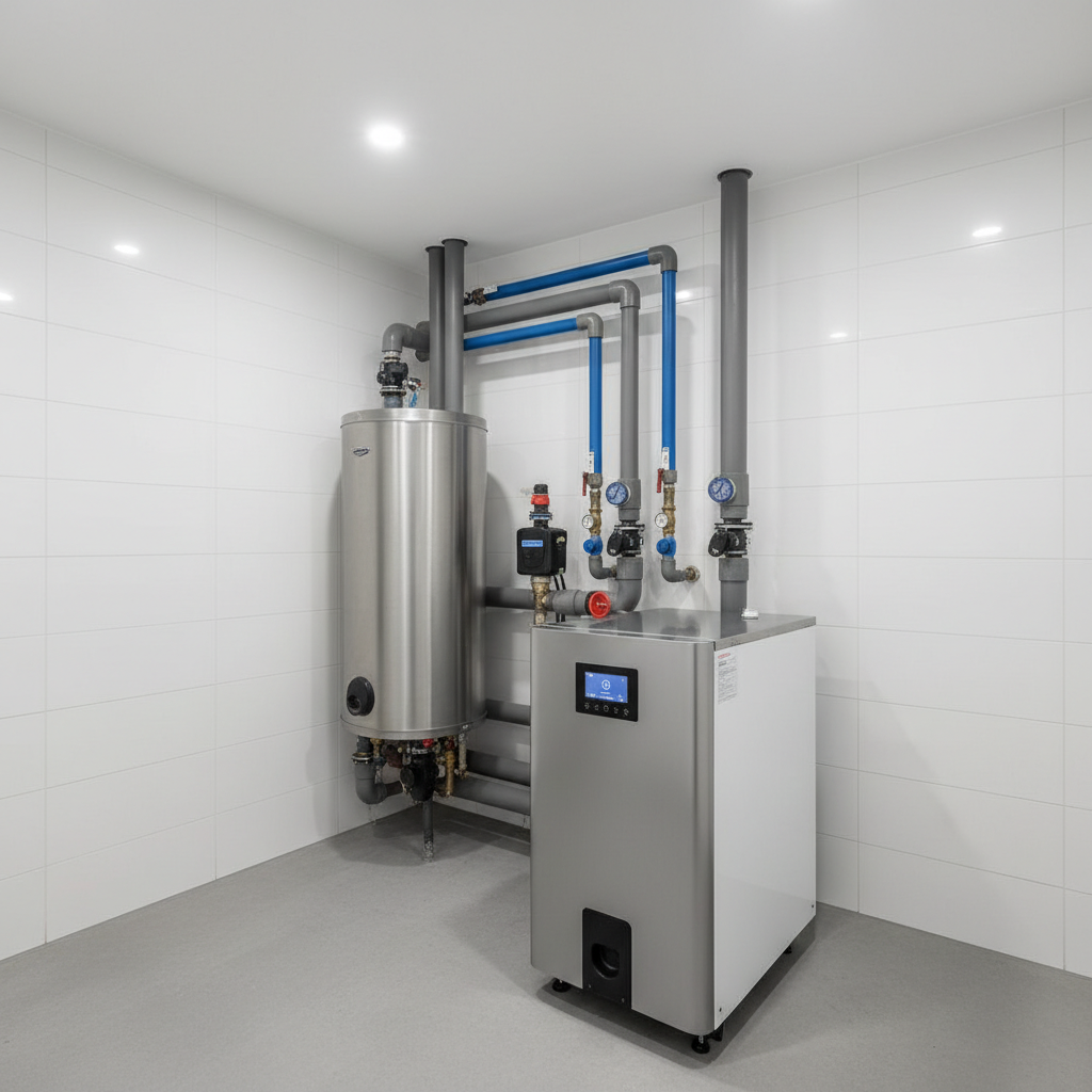 Czyste, dobrze oświetlone pomieszczenie techniczne w nowoczesnym domu. Na pierwszym planie widoczna jest nowoczesna pompa ciepła z eleganckim panelem sterowania. W tle widać starannie poprowadzone, zaizolowane rury i zbiornik na ciepłą wodę.