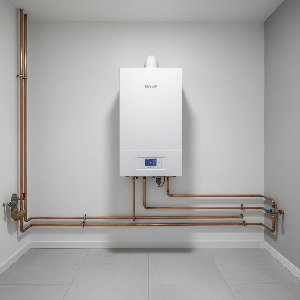 Nowoczesna, czysta i estetyczna kotłownia w domu jednorodzinnym. Na ścianie wisi zaawansowany technologicznie, biały kocioł kondensacyjny marki Wolf z widocznym logo. Minimalistyczne otoczenie, dobre oświetlenie, miedziane rurki poprowadzone z geometryczną precyzją, poczucie porządku i nowoczesności.