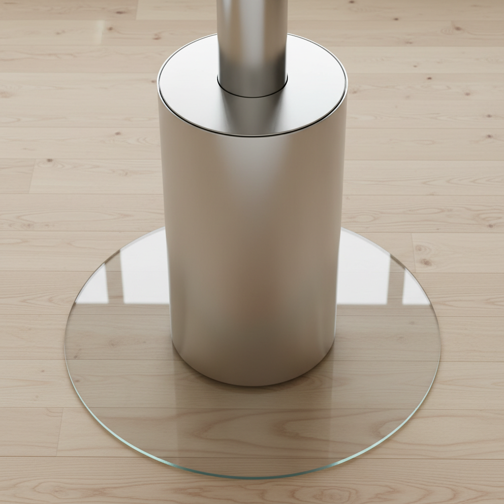 Ujęcie z góry na nowoczesny, cylindryczny piec stalowy stojący na przezroczystej, okrągłej podstawie z hartowanego szkła. Podstawa leży na jasnej, drewnianej podłodze, chroniąc ją i jednocześnie subtelnie wtapiając się w aranżację.