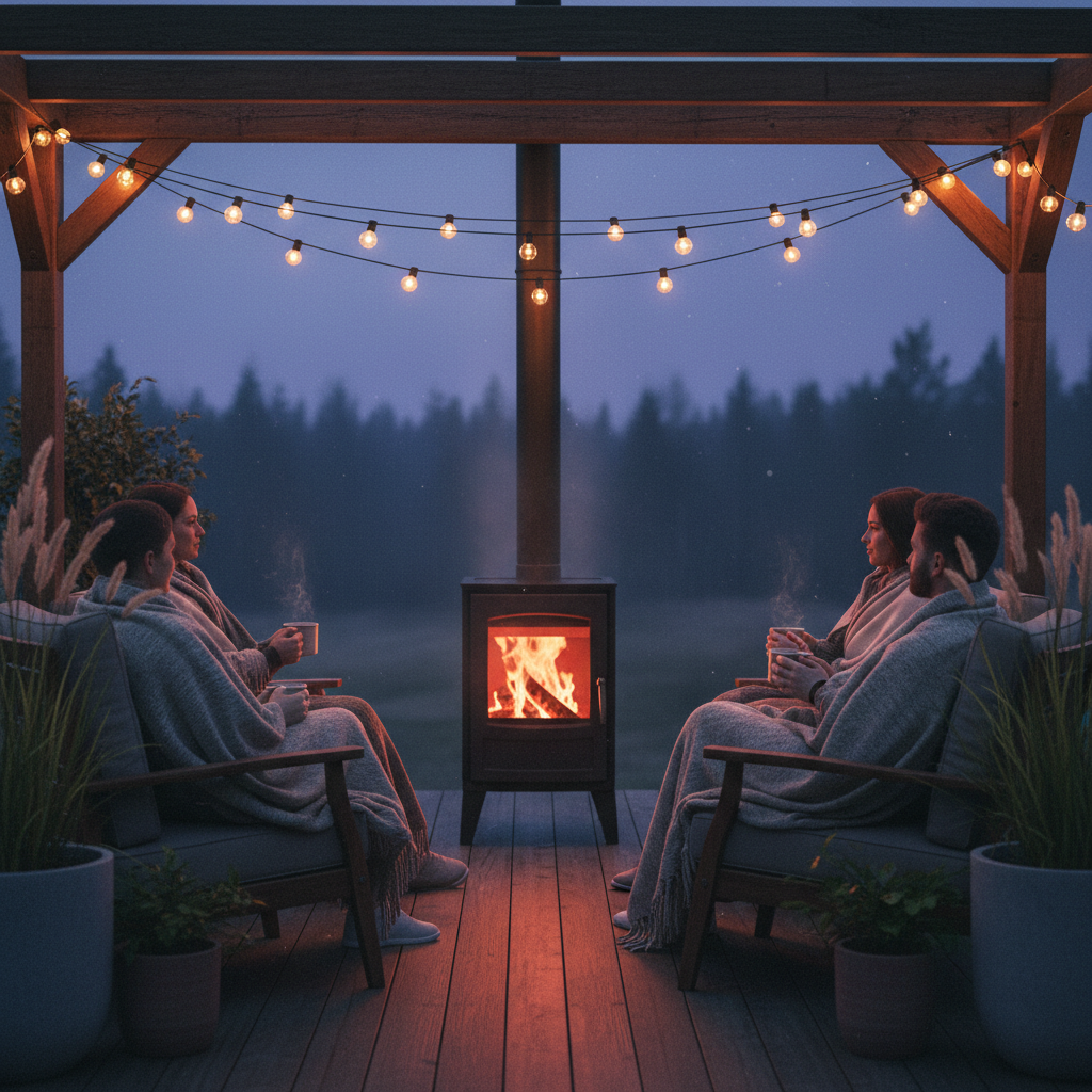 Klimatyczne ujęcie tarasu o zmierzchu. W centrum kompozycji znajduje się nowoczesna, czarna, żeliwna koza wolnostojąca, w której wesoło trzaska ogień. Wokół niej, na wygodnych fotelach, siedzą ludzie opatuleni w koce, trzymając w dłoniach kubki z gorącym napojem. Ciepłe światło ognia oświetla ich twarze i tworzy przytulną atmosferę.