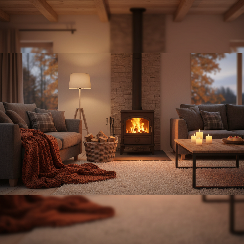 Ciepłe, przytulne wnętrze salonu w stylu rustykalno-nowoczesnym podczas jesiennego wieczoru. Centralnym punktem jest czarny, żeliwny piec wolnostojący (koza), w którym wesoło tańczą płomienie. Obok pieca stoi kosz z polanami drewna, a na miękkim dywanie leży koc. Światło jest miękkie i zapraszające, podkreślając atmosferę ciepła i domowego ogniska.