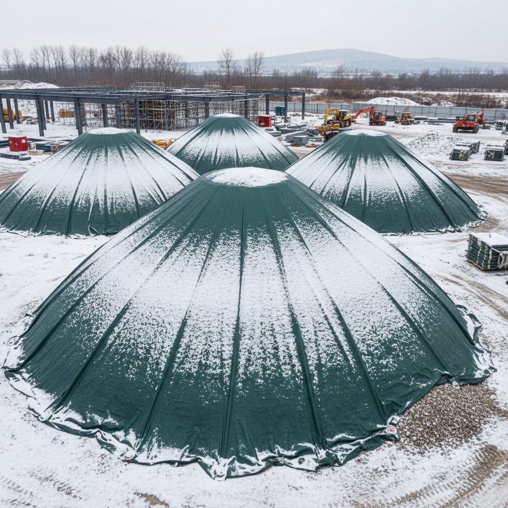 Hałdy kruszywa na placu budowy, starannie przykryte grubymi, ciemnozielonymi plandekami, na których leży cienka warstwa świeżego śniegu. W tle widać fragment budowy w zimowej scenerii.
