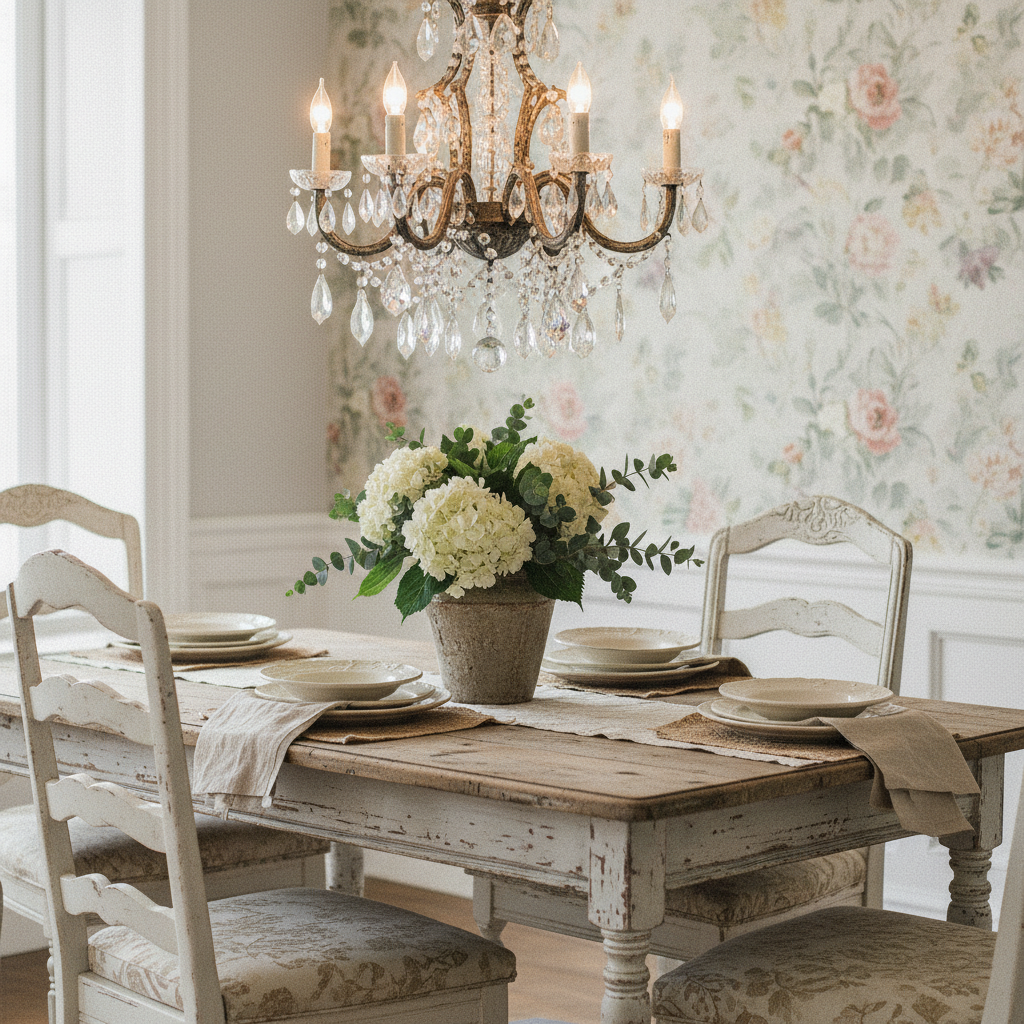 Elegancki, kryształowy żyrandol wiszący nad drewnianym, jadalnianym stołem w stylu shabby chic. Żyrandol jest lekko spatynowany, rzuca ciepłe, nastrojowe światło na otoczenie. W tle widać fragment ściany z kwiecistą tapetą.