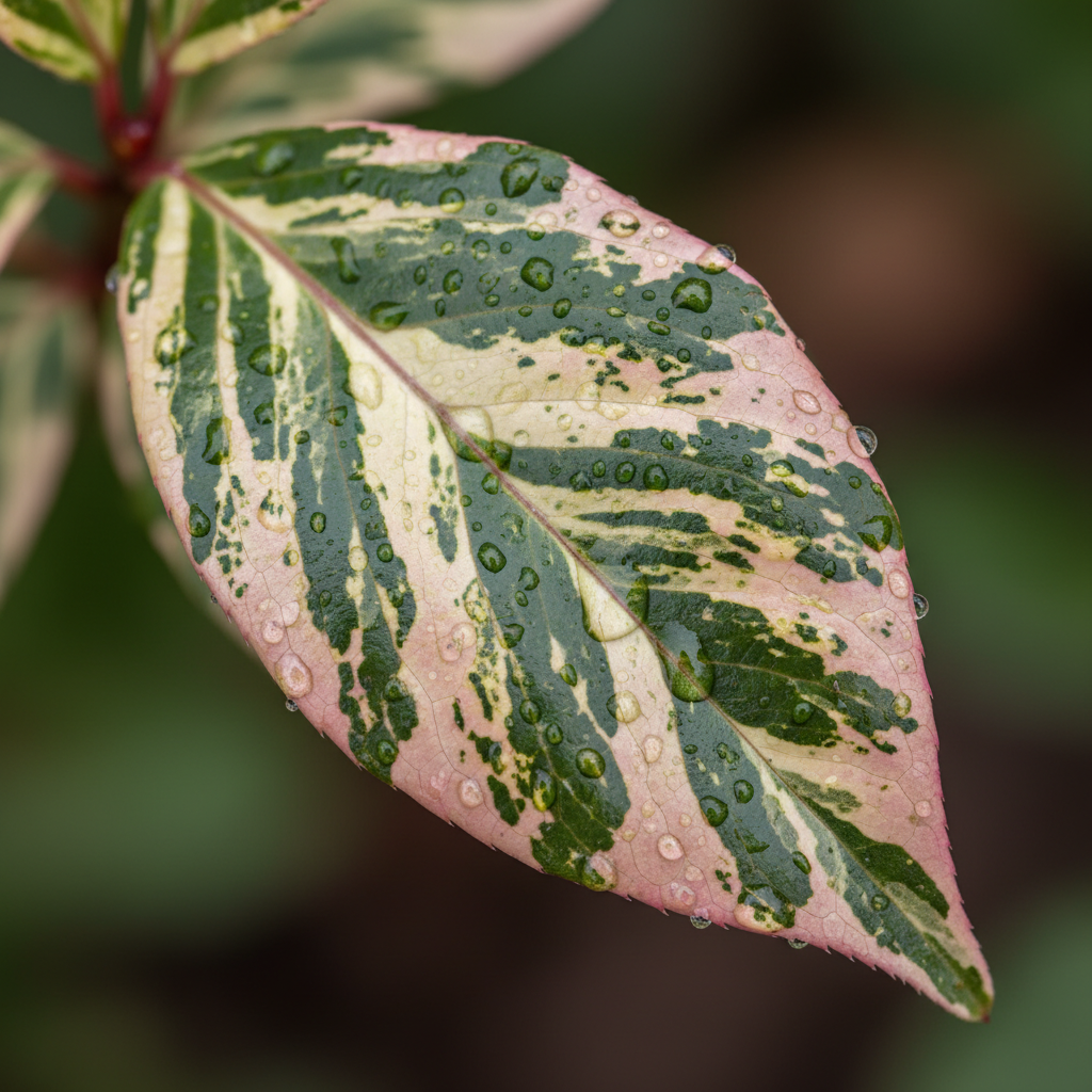 Makrofotografia ukazująca pojedynczy, skórzasty i błyszczący liść Kiścienia Waltera 'Rainbow'. Widoczny jest misterny, marmurkowy wzór z plamkami i smugami w odcieniach kremu, różu i zieleni. Krople rosy na liściu podkreślają jego fakturę. Tło jest delikatnie rozmyte.