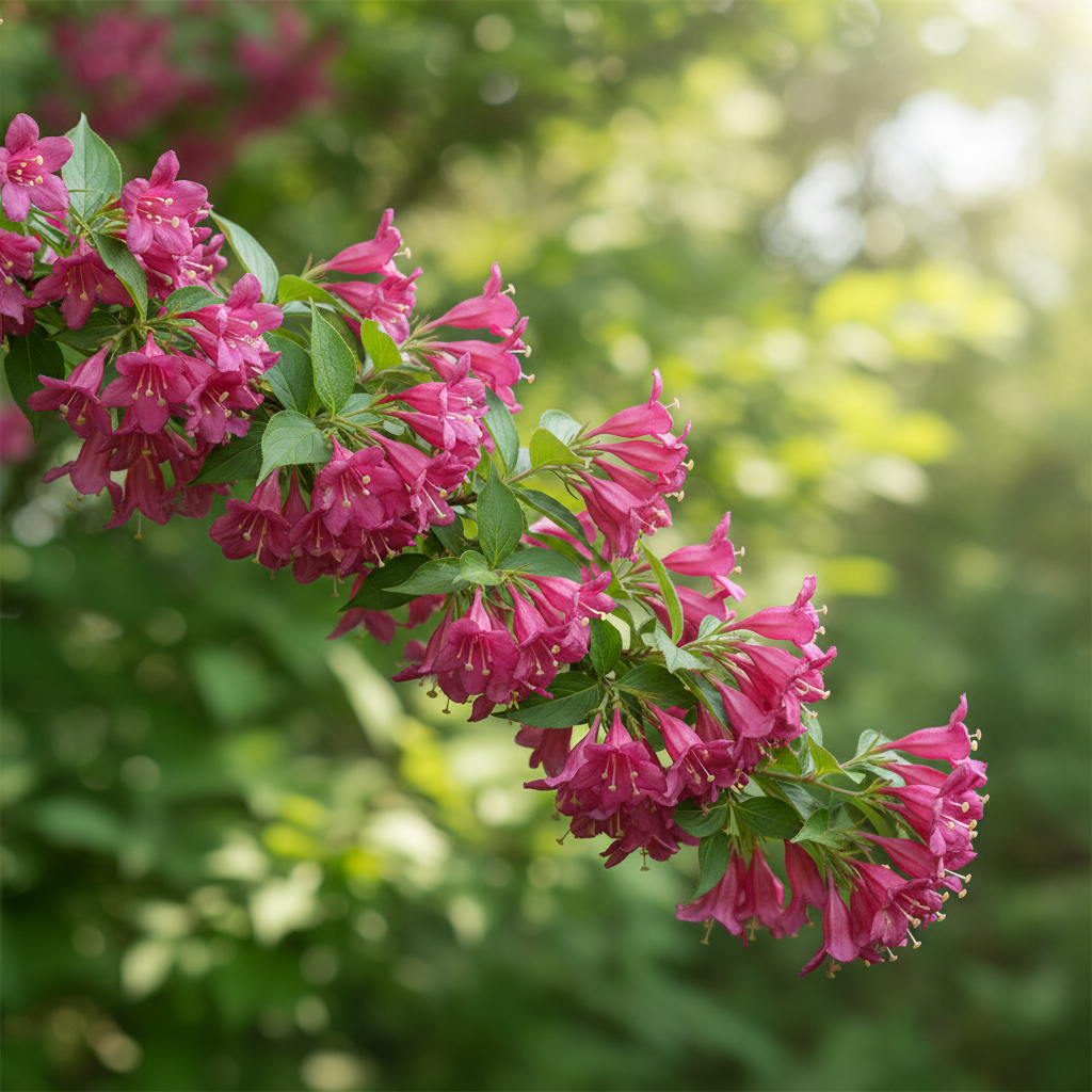 Zbliżenie na gałązkę krzewuszki Weigela uginającą się pod ciężarem licznych, dzwonkowatych, intensywnie różowych kwiatów. W tle widać rozmyte, soczyście zielone liście i promienie słońca prześwitujące przez roślinę, tworząc ciepłą, letnią atmosferę.
