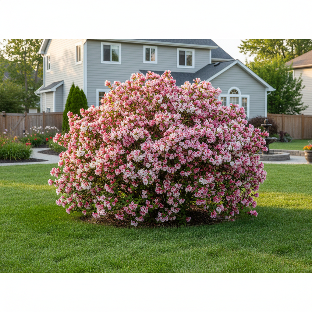 Piękny, rozłożysty krzew Krzewuszki Weigela w pełni kwitnienia, posadzony jako soliter na środku idealnie przystrzyżonego, zielonego trawnika. W tle widać zadbany dom jednorodzinny i inne elementy ogrodu, co tworzy sielankową, inspirującą scenę.