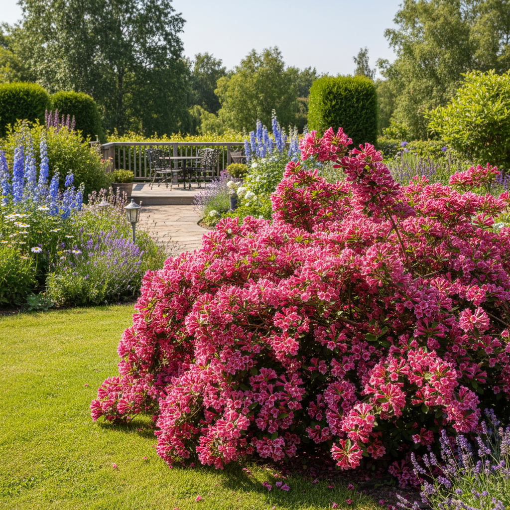 Szerokie ujęcie malowniczego, bujnego ogrodu w pełnym słońcu. Na pierwszym planie dominuje okazały, obsypany różowymi kwiatami krzew Krzewuszki Weigela. W tle widać inne rośliny, zadbany trawnik i fragment tarasu, tworząc idylliczny, aspiracyjny obraz wymarzonego ogrodu.