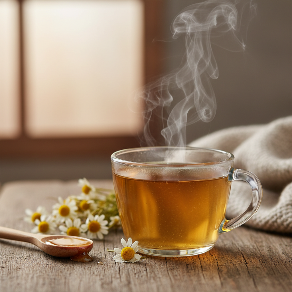 Artystyczne ujęcie przezroczystej filiżanki z parującym naparem z rumianku. Obok filiżanki na drewnianym stole leży kilka suszonych koszyczków kwiatowych rumianku oraz mała łyżeczka miodu. Tło jest lekko rozmyte, co tworzy przytulną i relaksującą atmosferę.