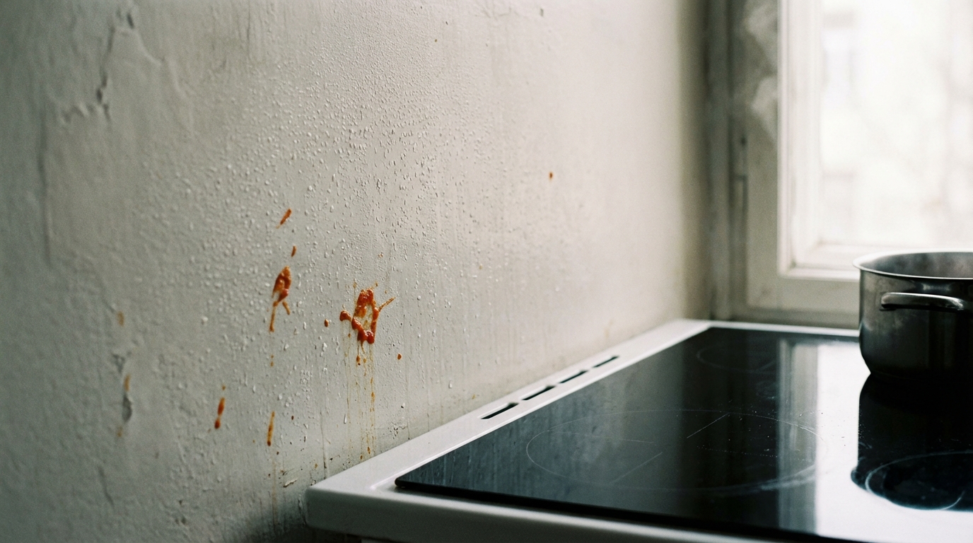Zbliżenie na fragment ściany w kuchni tuż przy płycie indukcyjnej. Na ścianie widać drobne kropelki pary wodnej i kilka małych, artystycznie wyglądających plamek sosu. Całość uchwycona w miękkim, rozproszonym świetle, które podkreśla teksturę ściany i wyzwania, z jakimi musi się mierzyć farba.