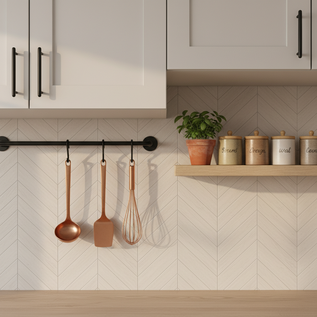 Estetyczne ujęcie ściany w małej kuchni między blatem a szafkami wiszącymi. Na stalowych, czarnych relingach wiszą miedziane przybory kuchenne, a obok na małej, dębowej półce stoją ceramiczne pojemniki na przyprawy i mała doniczka z bazylią. Tło stanowią jasne, eleganckie płytki w jodełkę. Ciepłe, rozproszone światło podkreśla detale.