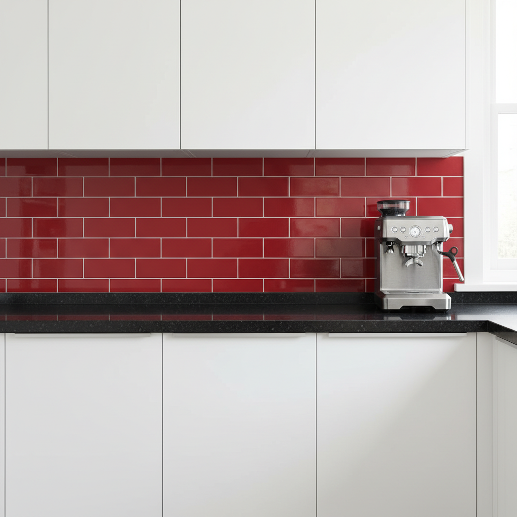 Fragment nowoczesnej kuchni z białymi, minimalistycznymi szafkami bez uchwytów. Ściana nad czarnym, kamiennym blatem jest wyłożona intensywnie czerwonymi, błyszczącymi płytkami ceramicznymi w formacie cegiełki, które tworzą mocny i dynamiczny akcent kolorystyczny. Na blacie stoi nowoczesny, srebrny ekspres do kawy.