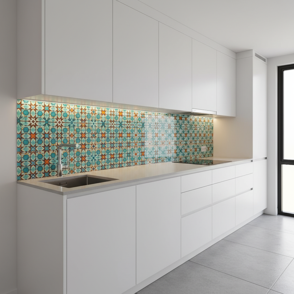 Nowoczesna kuchnia z białymi, minimalistycznymi szafkami. Przestrzeń nad blatem, zamiast tradycyjnych płytek, zdobi szklany panel z żywym, kolorowym nadrukiem przedstawiającym wzór geometrycznych, marokańskich kafelków w odcieniach turkusu i pomarańczu. To funkcjonalne i estetyczne rozwiązanie ożywia całe wnętrze.