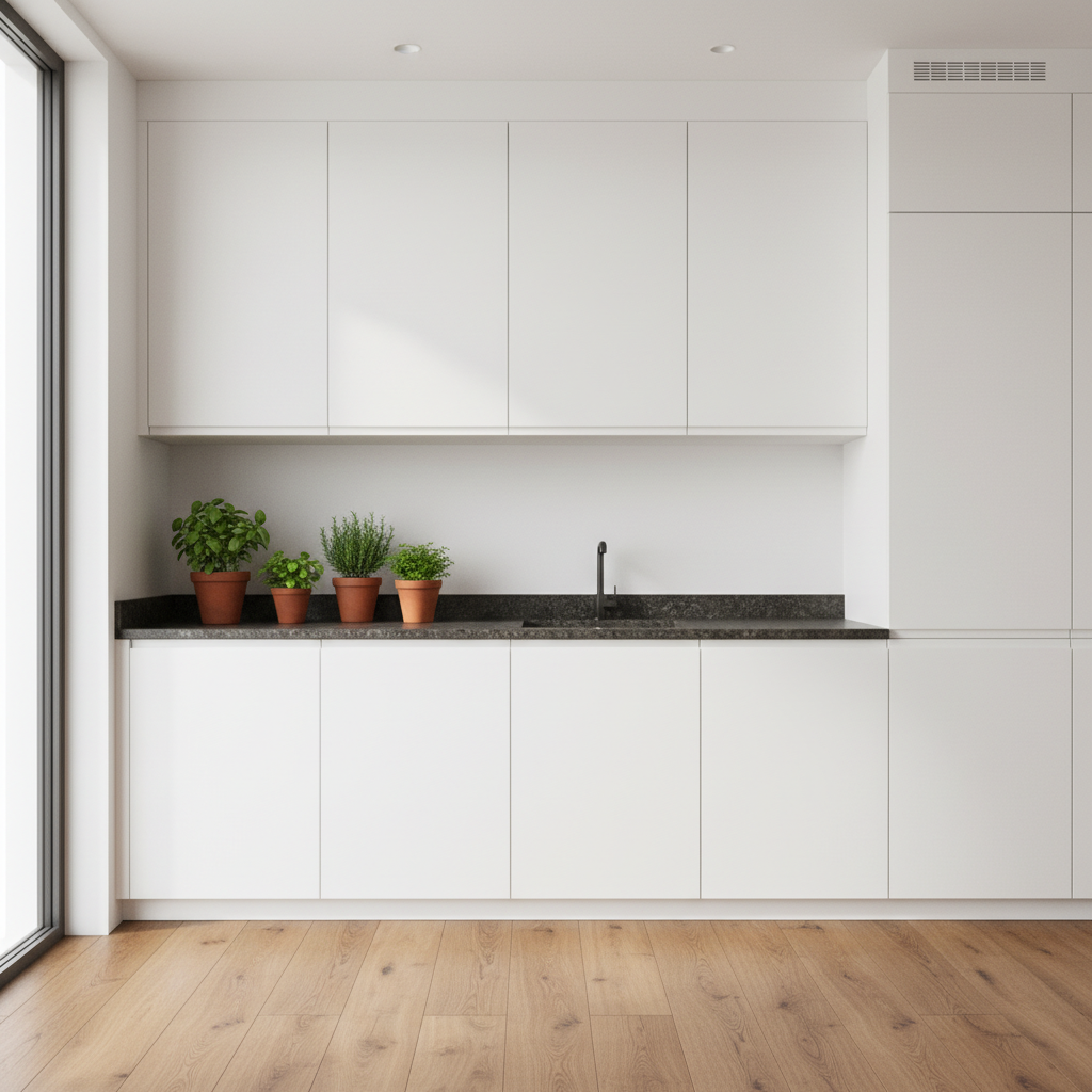 Nowoczesna kuchnia z białymi, bezuchwytowymi szafkami i ciemnym, kamiennym blatem. Ciepła, drewniana podłoga z widocznym usłojeniem stanowi kontrast i ociepla minimalistyczne wnętrze. Na blacie stoją świeże zioła w doniczkach. Światło jest miękkie i naturalne.