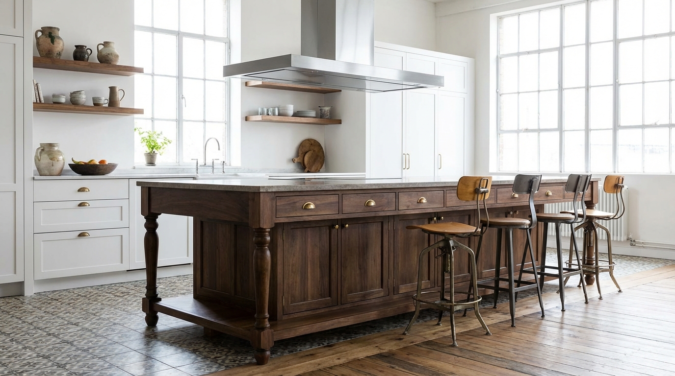 Jasne, przestronne wnętrze kuchni w stylu eklektycznym. W centrum znajduje się duża wyspa kuchenna z ciemnego drewna akacji wędzonej o klasycznym charakterze. W tle widać nowoczesną, białą zabudowę kuchenną z delikatnymi frezowaniami. Nad wyspą wisi nowoczesny, stalowy okap. Całość jest skąpana w naturalnym świetle wpadającym przez duże okna.