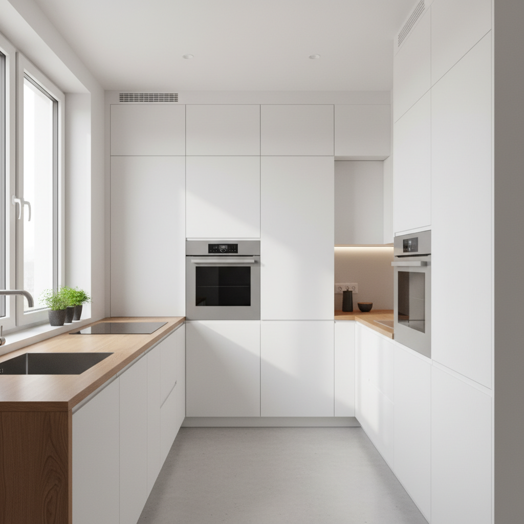 Jasna, nowoczesna kuchnia w nowym mieszkaniu, z idealnie dopasowanymi sprzętami AGD w zabudowie. Minimalistyczne, białe szafki bez uchwytów i drewniany blat tworzą czystą, funkcjonalną przestrzeń. Światło dzienne wpadające przez okno podkreśla porządek i przemyślany design.