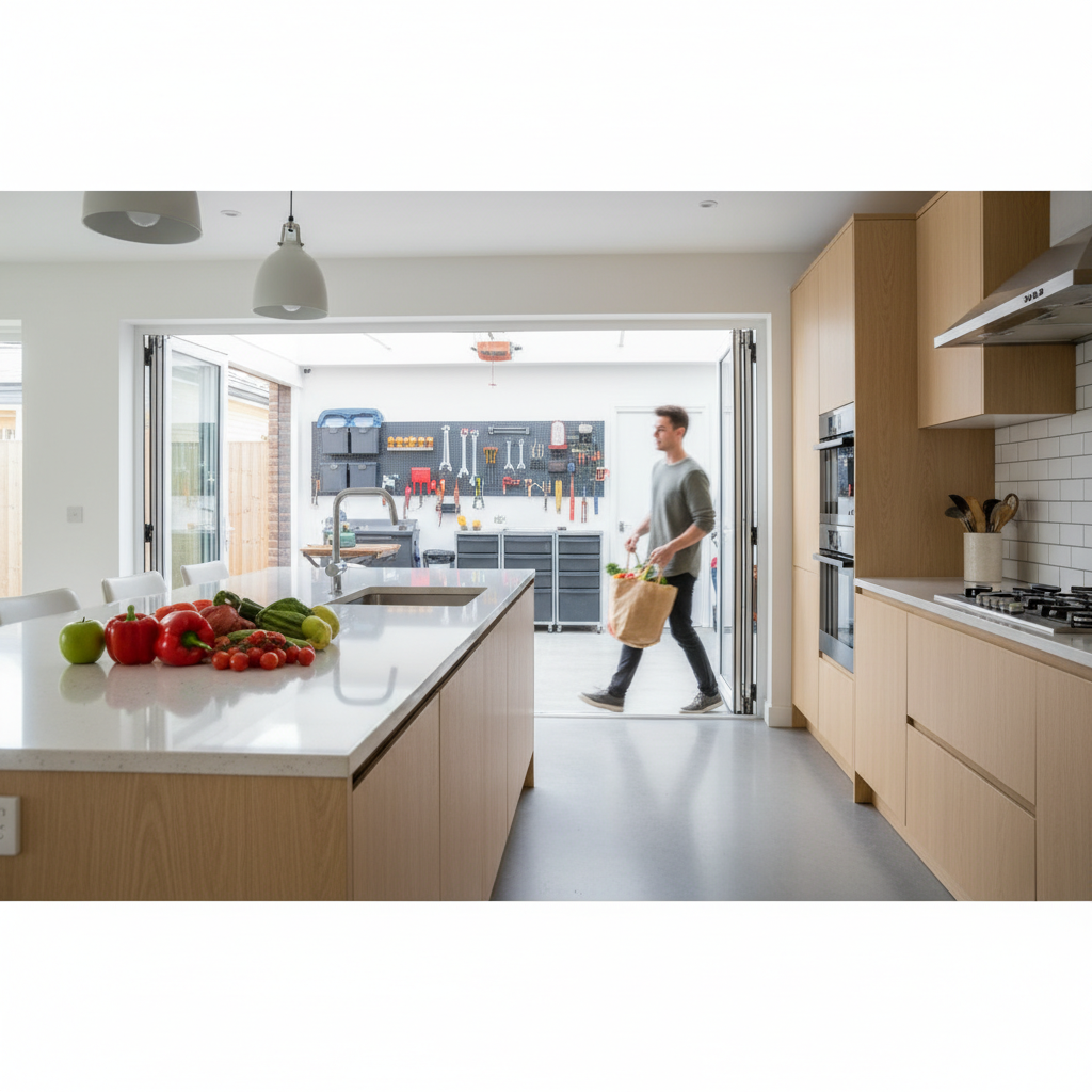 Jasna, nowoczesna kuchnia z wyspą. W tle widać otwarte drzwi prowadzące bezpośrednio do czystego garażu. Młody mężczyzna właśnie wnosi siatkę z zakupami, a na blacie kuchennym stoją już świeże warzywa i owoce. Ujęcie jest dynamiczne i pokazuje płynne połączenie obu przestrzeni, podkreślając wygodę codziennego życia.