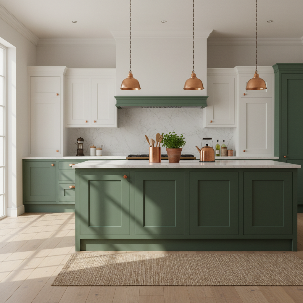 Fotorealistyczne ujęcie przestronnej, nowoczesnej kuchni skąpanej w porannym słońcu. Centralnym punktem jest duża wyspa kuchenna w odważnym, szałwiowym kolorze z białym, marmurowym blatem. W tle widać szafki w dwóch odcieniach – dolne w kolorze szałwii, a górne w klasycznej bieli. Na blacie stoją miedziane akcesoria i doniczka ze świeżymi ziołami, dodając wnętrzu życia i ciepła.